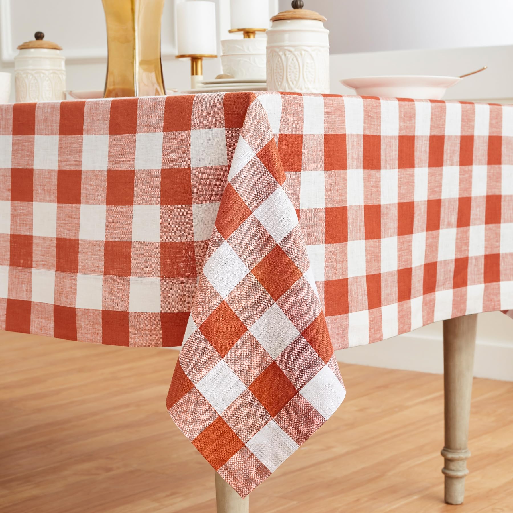 Solino Home Buffalo Check Linen Tablecloth 120 '' L X 60 '' W Inch - 100% Pure Linen Cinnamon And White Table Cloth For Rectangl