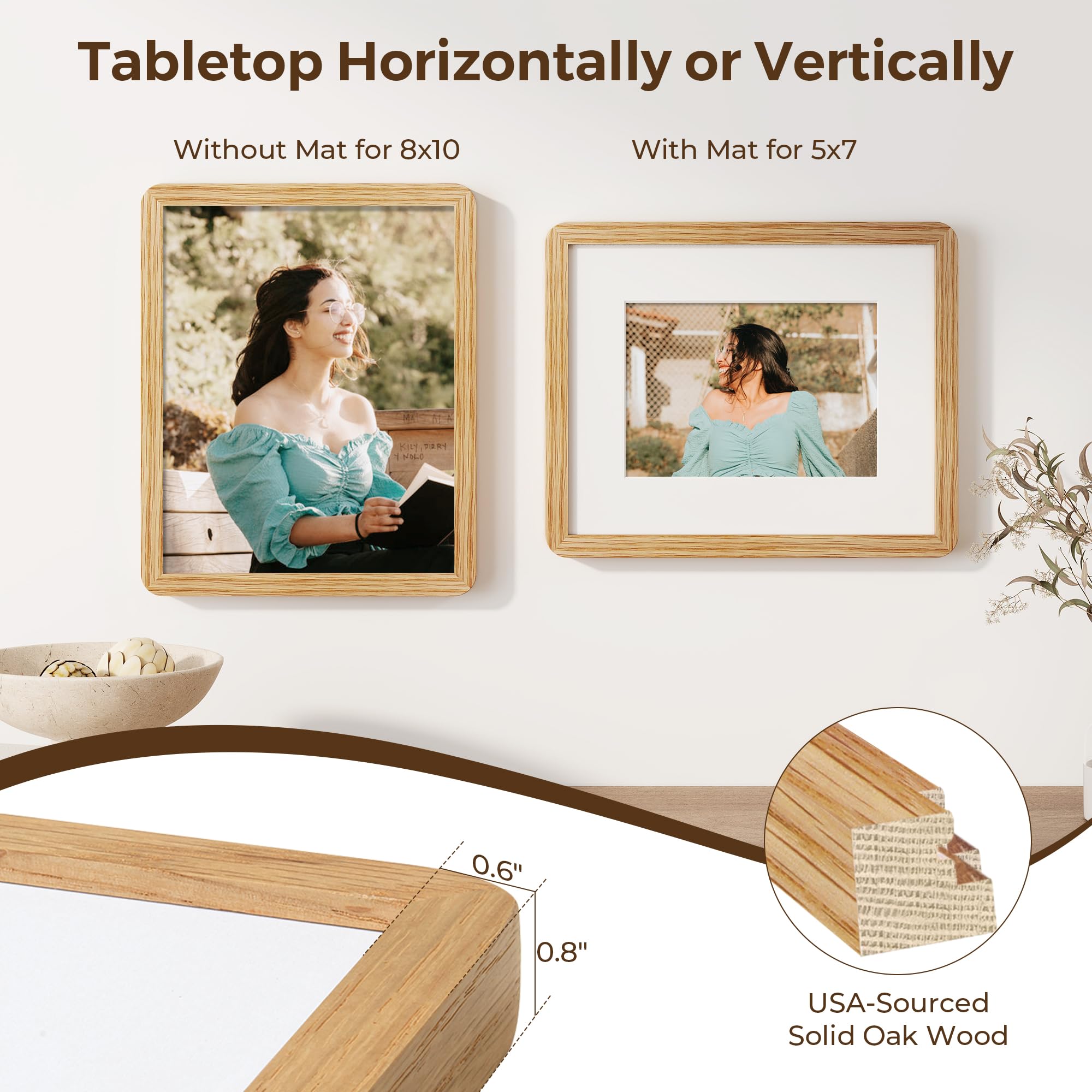 8x10 Picture Frame, Rustic 8 by 10 Photo Frame for Wall & Tabletop Display - Solid Oak Wood & Tempered Glass, 8x10 Picture Frame