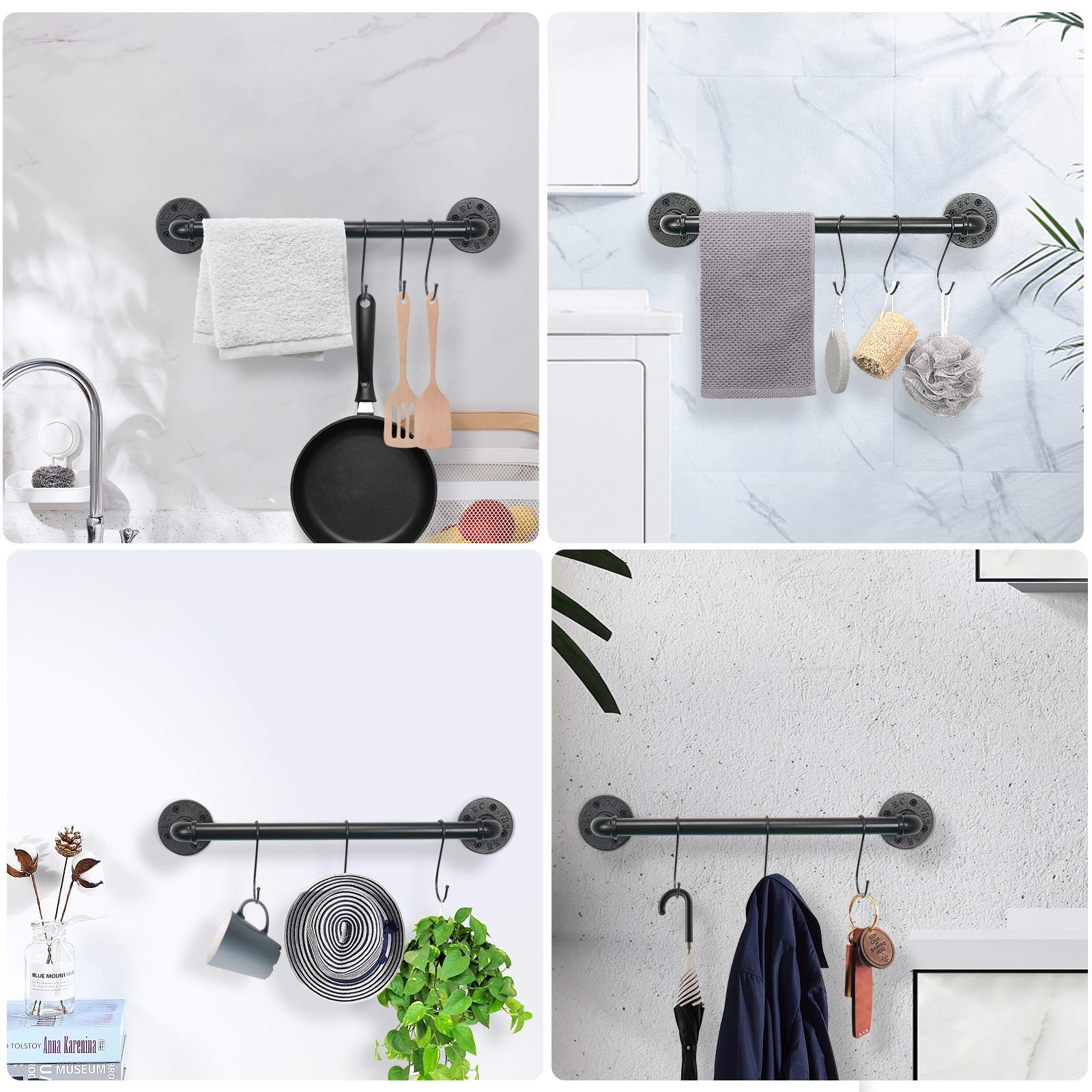 Jeasor Industrial Pipe Towel Rack Towel Bar, Heavy Duty Wall Mounted Rustic Farmhouse Bath Towel Holder For Bathroom (Black, 16