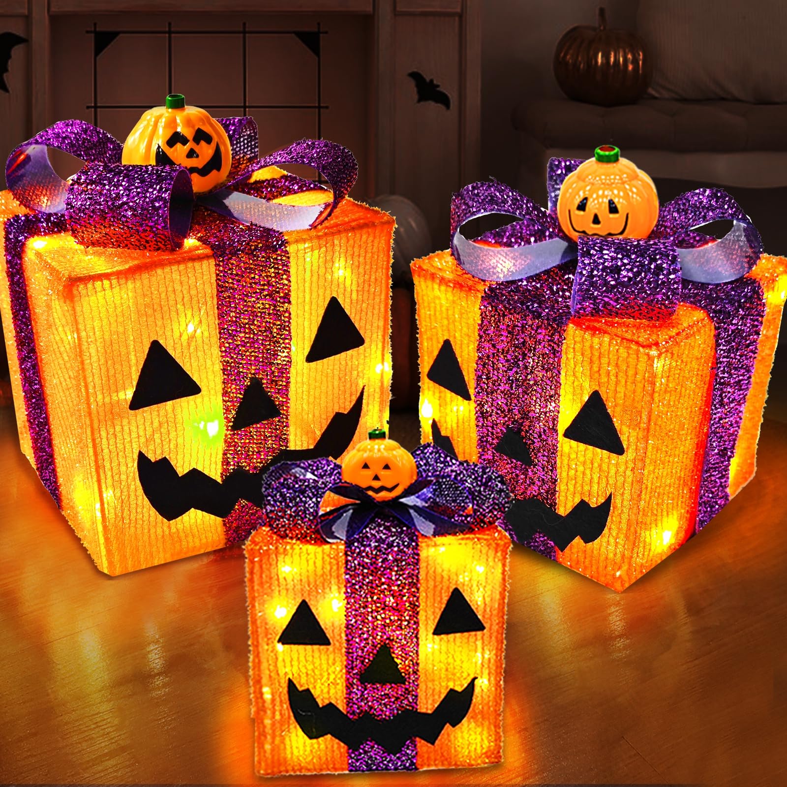 [ 8 Modes & Timer ] 3 Pack Lighted Halloween Pumpkin Decorations with 60 LED Lights Battery Operated Jack-O-Lantern Gift Box Hal