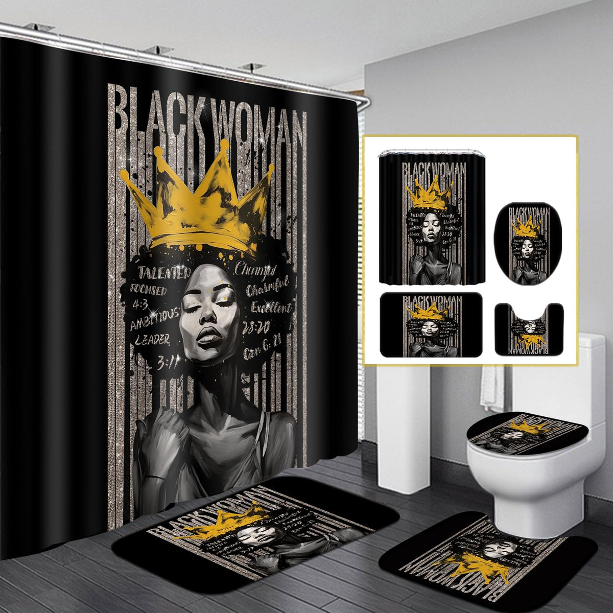 4Pcs Praying Black Queen Shower Curtain Set, Inspirational Quote Afrcian American Woman Shower Curtains With Rugs Toilet Lid Cov