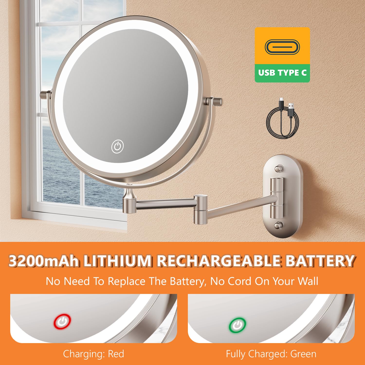 1X/20X Wall Mounted Makeup Mirror With Light, 8 Rechargeable Double-Sided Magnifying Mirror, Vanity Mirror Dimmable 3 Color Ligh