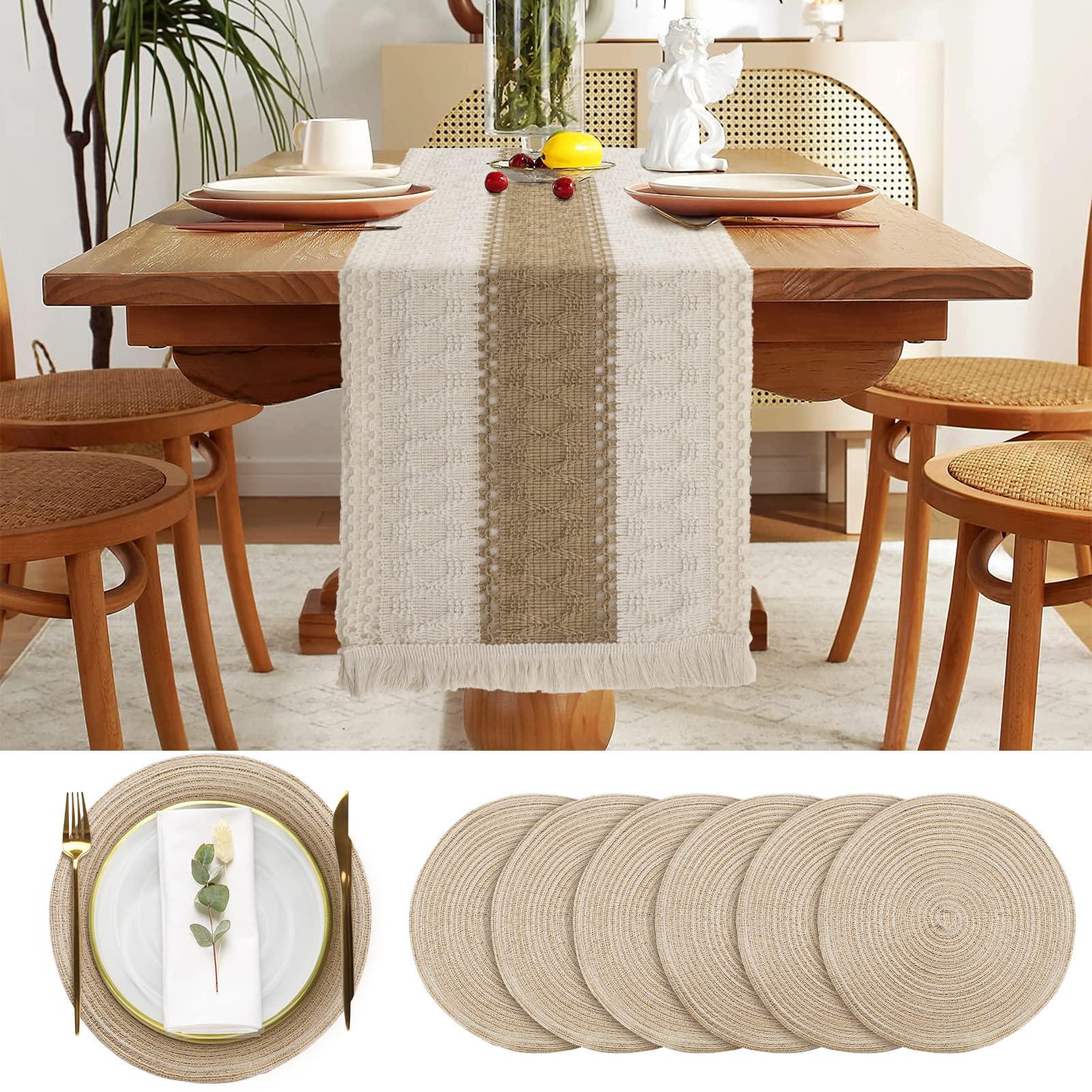 7 Pcs Boho Table Runners and Boho Round Placemats Splicing Woven Macrame Table Runner with Tassels Farmhouse Dining Decor for Ch