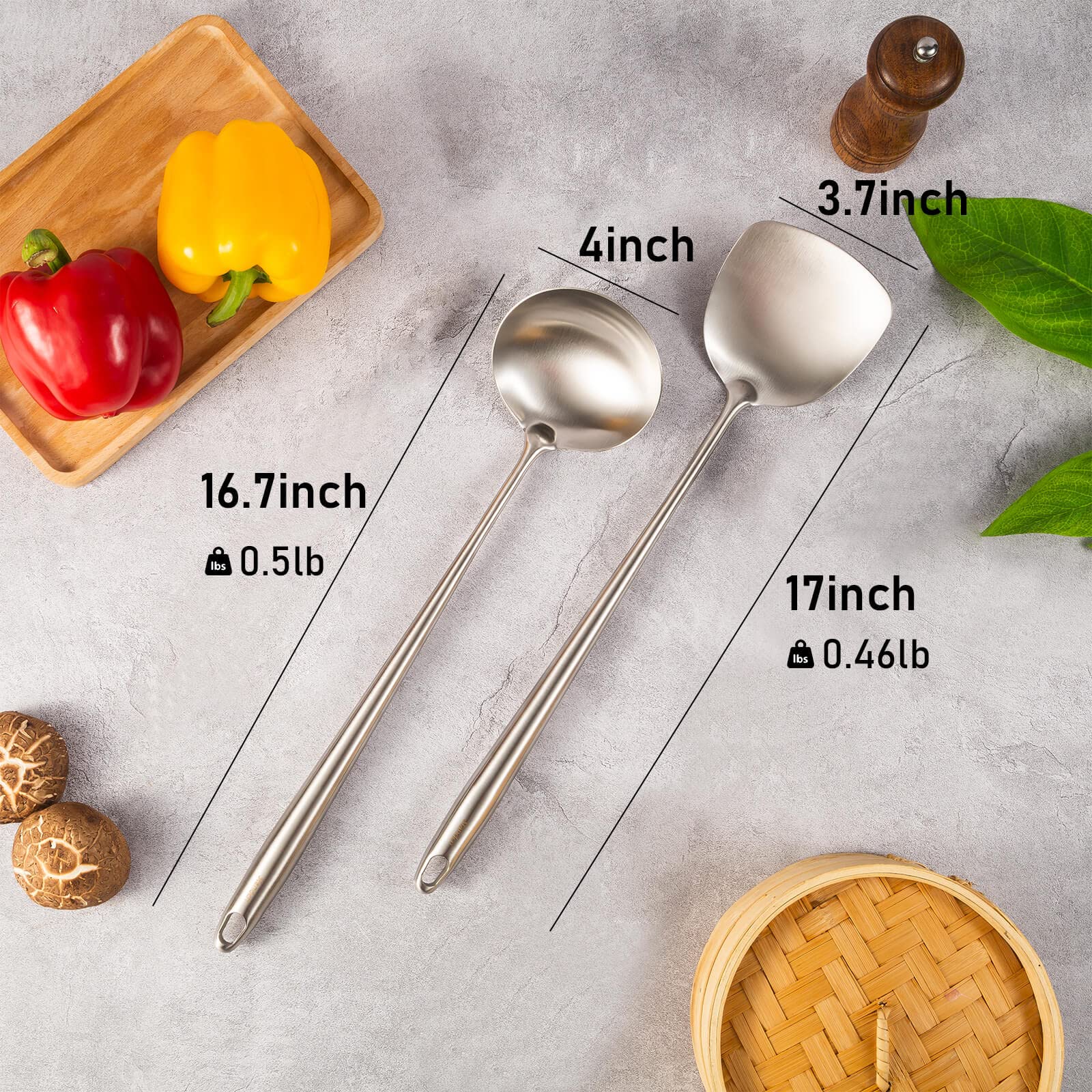 17Inch Wok Spatula And Ladle - 304 Stainless Steel Wok Tools Set, 2 Pieces All Metal Extra Long Handle Cooking Tools, Chinese Wo
