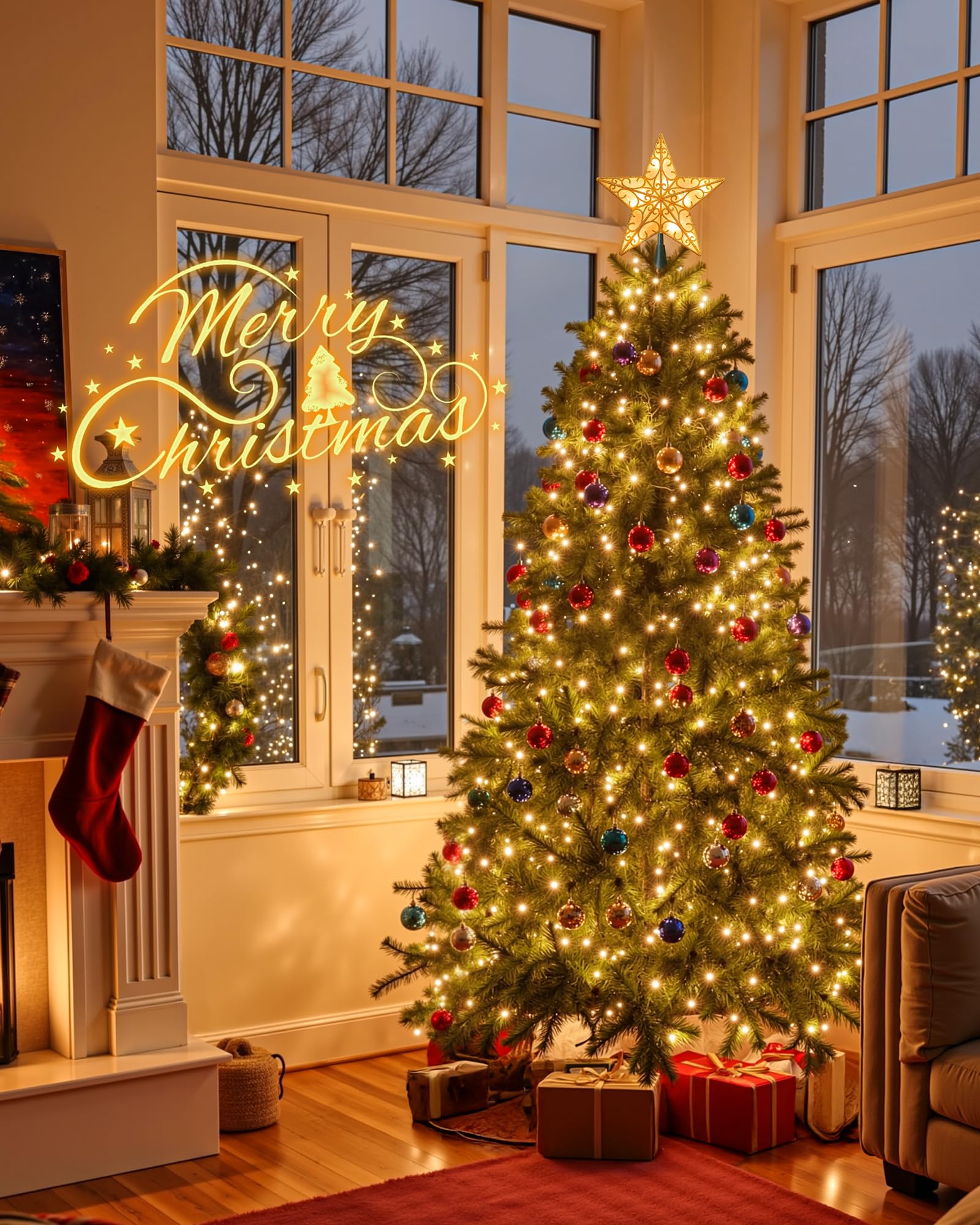 Christmas Star Tree Topper, Plug in Sliver Glittered 3D Star Tree Topper, Metal Hollow Designed Built-in 10 Bulbs String Lights