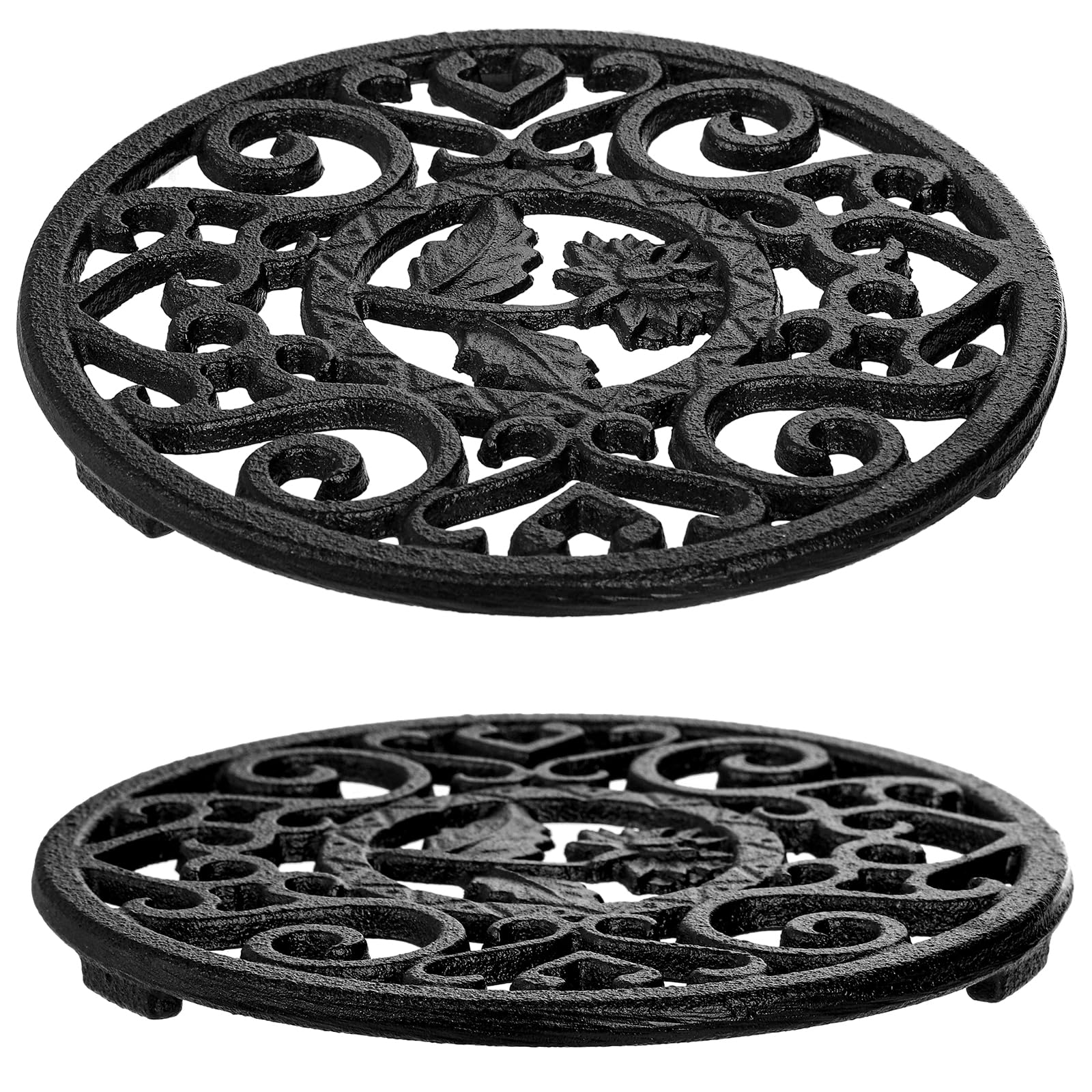 Coloch 2 Pack Cast Iron Trivet With Pegs, 4.6 Inch Round Metal Trivet With Vintage Patterns Rustproof Hot Pot Holder Pads For Se