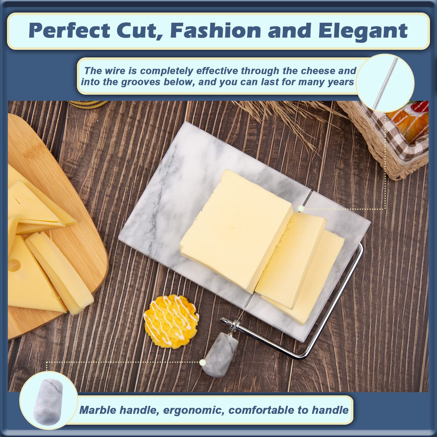 Siparui Cheese Slicer, Cheese Cutter Heavy Duty 5'' X 8'', Polished Marble Cheese Slicer Board For Cut Block Cheeses, Butter, Me