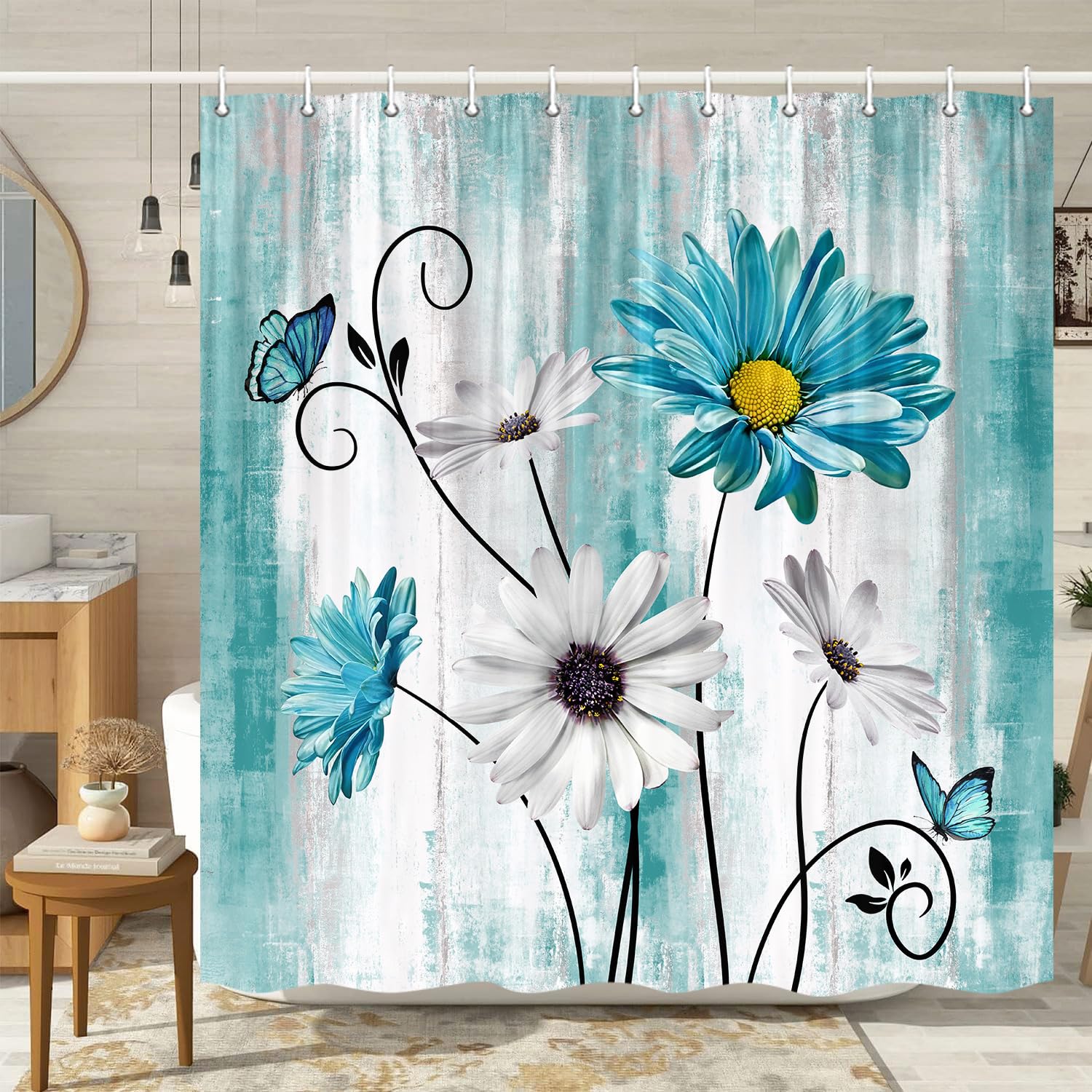 Jawo Rustic Farmhouse Floral Shower Curtain, Farm Teal Daisy Flowers Butterfly Shower Curtain Wooden Board Country Shower Curtai