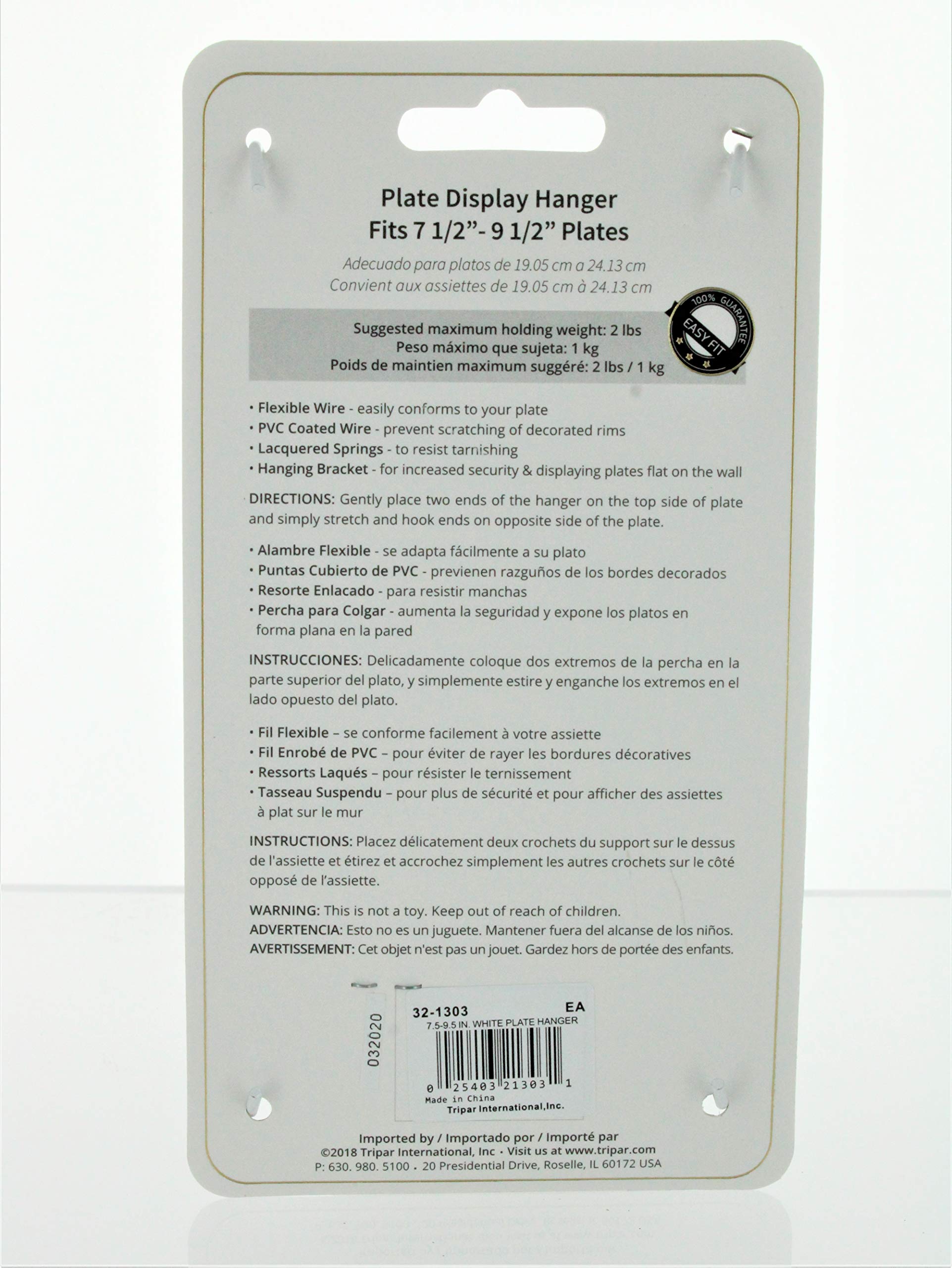 Tripar Wall Plate Hanger, White Wire (7.5-9.5 Inch) - Durable, Flexible Coils Conform To Most Plates - Holds Up To 2Lbs On Wall