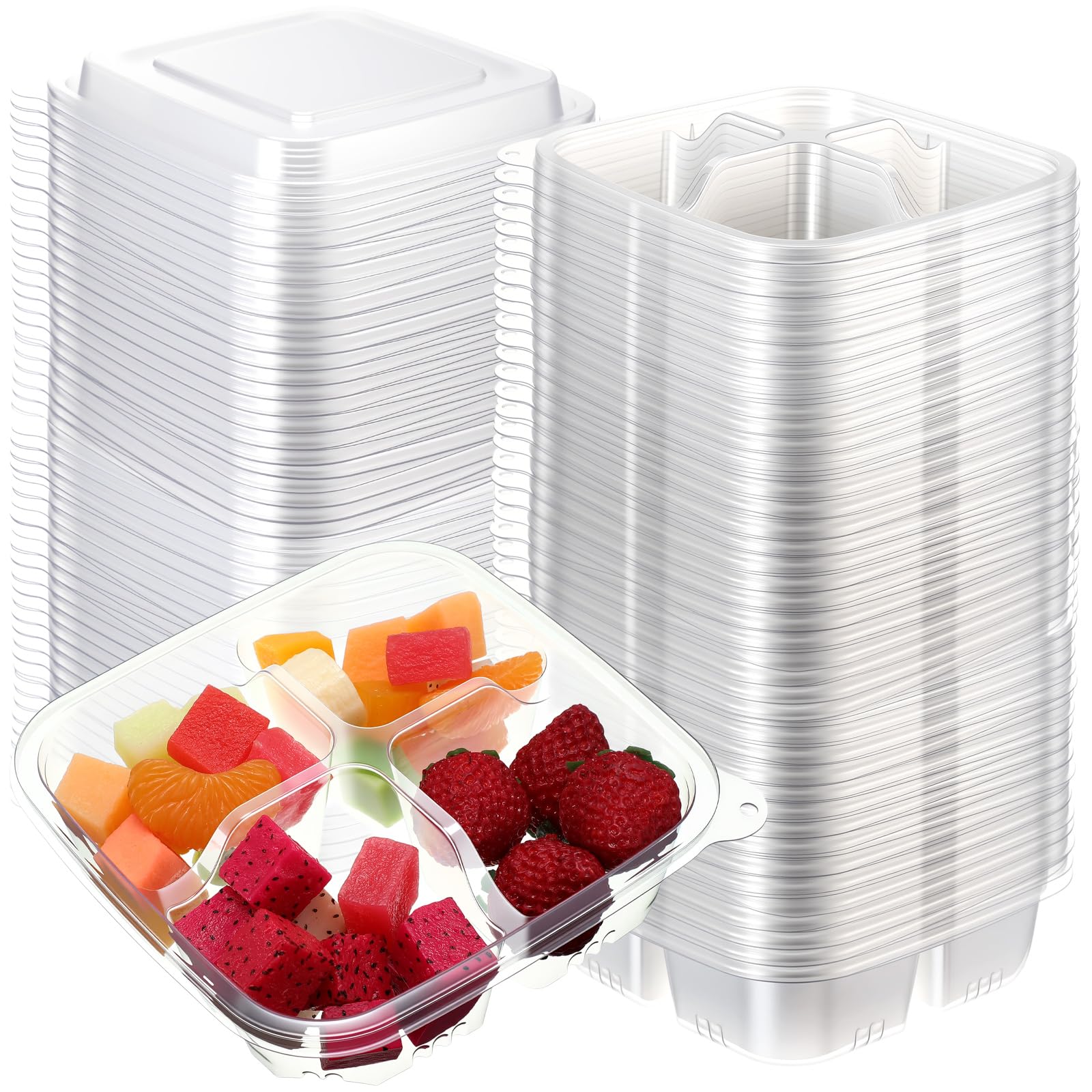 Yiyiring 100 Pack 4compartment Bento Snack Boxes with Lids Divided Lunch Containers for Travel School Camping Outdoor Home (Cle