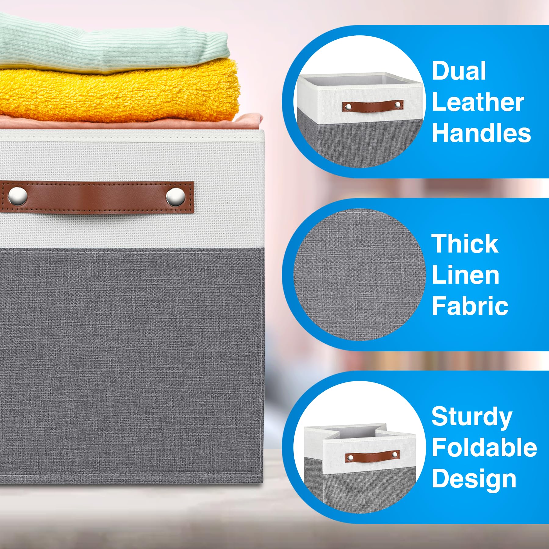 Pomatree 11 Inch Cube Storage Bin - 6 Pack - Linen Fabric Cubby Storage Bins For Bedroom, Living Room, Clothes And Toys, Shelves