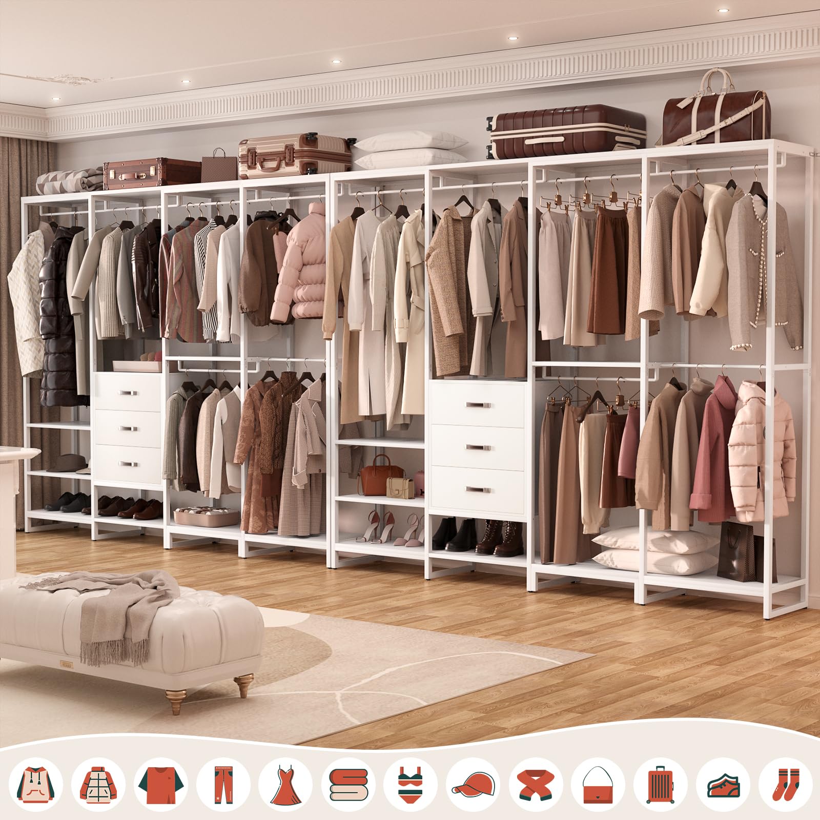 Aheaplus Wood Clothes Rack Wardrobe Closet For Hanging Clothes Heavy Duty Garment Rack, Large Corner L Shaped Closet System Orga