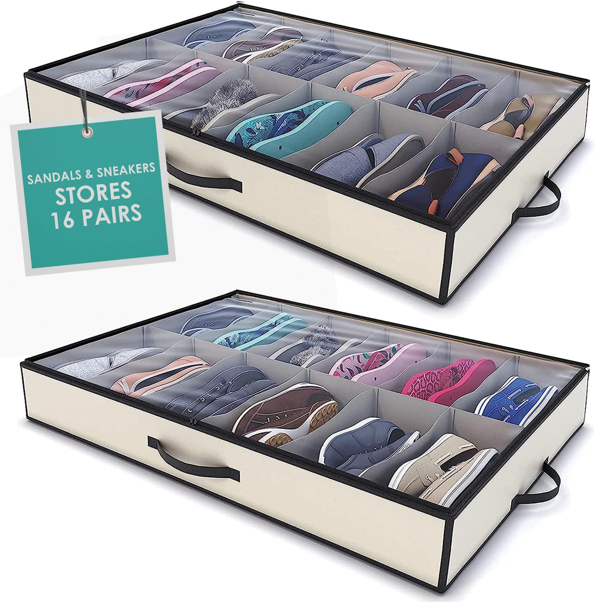 Woffit Under Bed Shoe Storage Organizer - Set of 2 Large Containers, Each Fit 12 Pairs of Shoes - Sturdy Box w/Strong Zipper & H