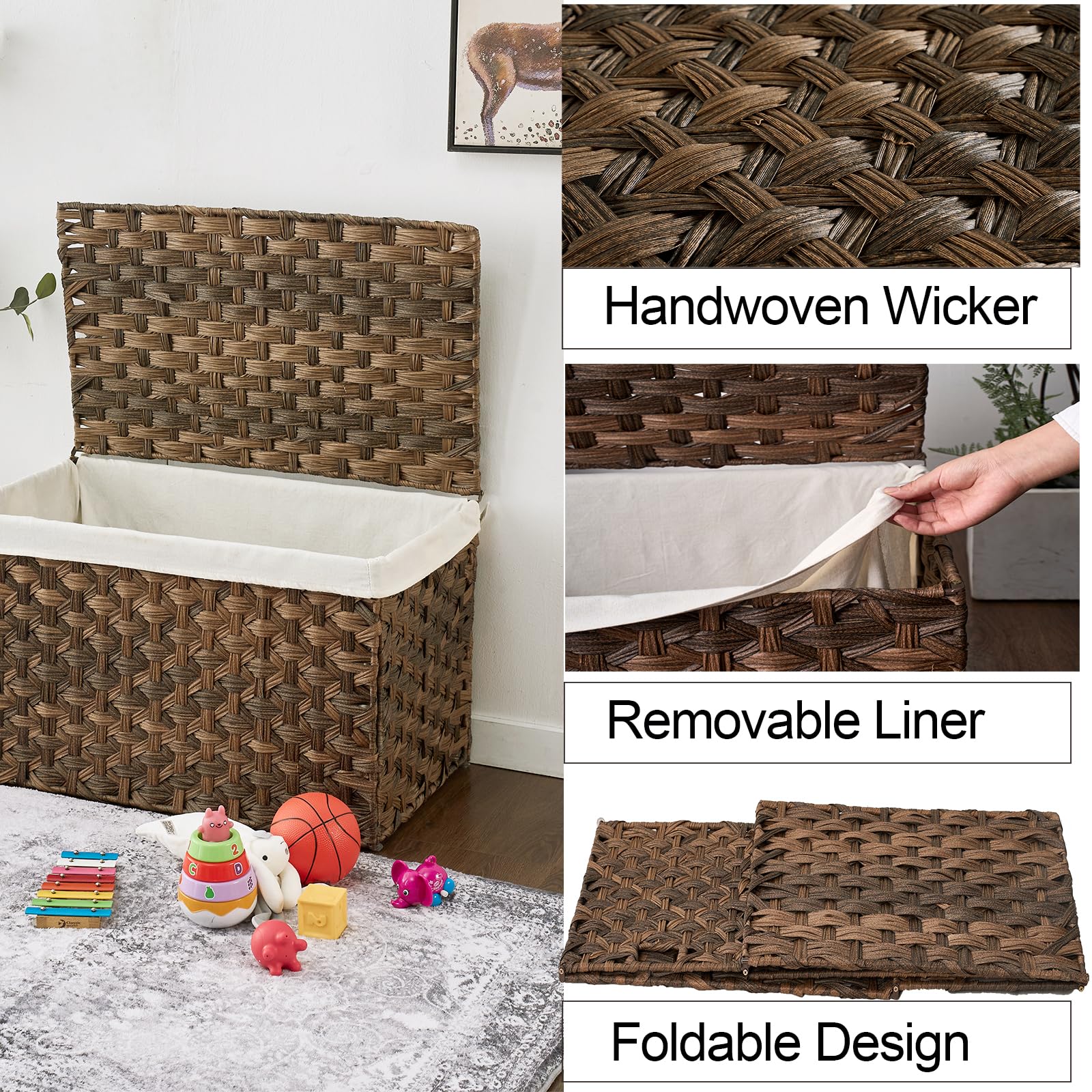 Moorliter Storage Basket With Lid, 42.3 Gallon (160L) Blanket Storage Basket With Handles, Woven Storage Bin, Removable Liner, F