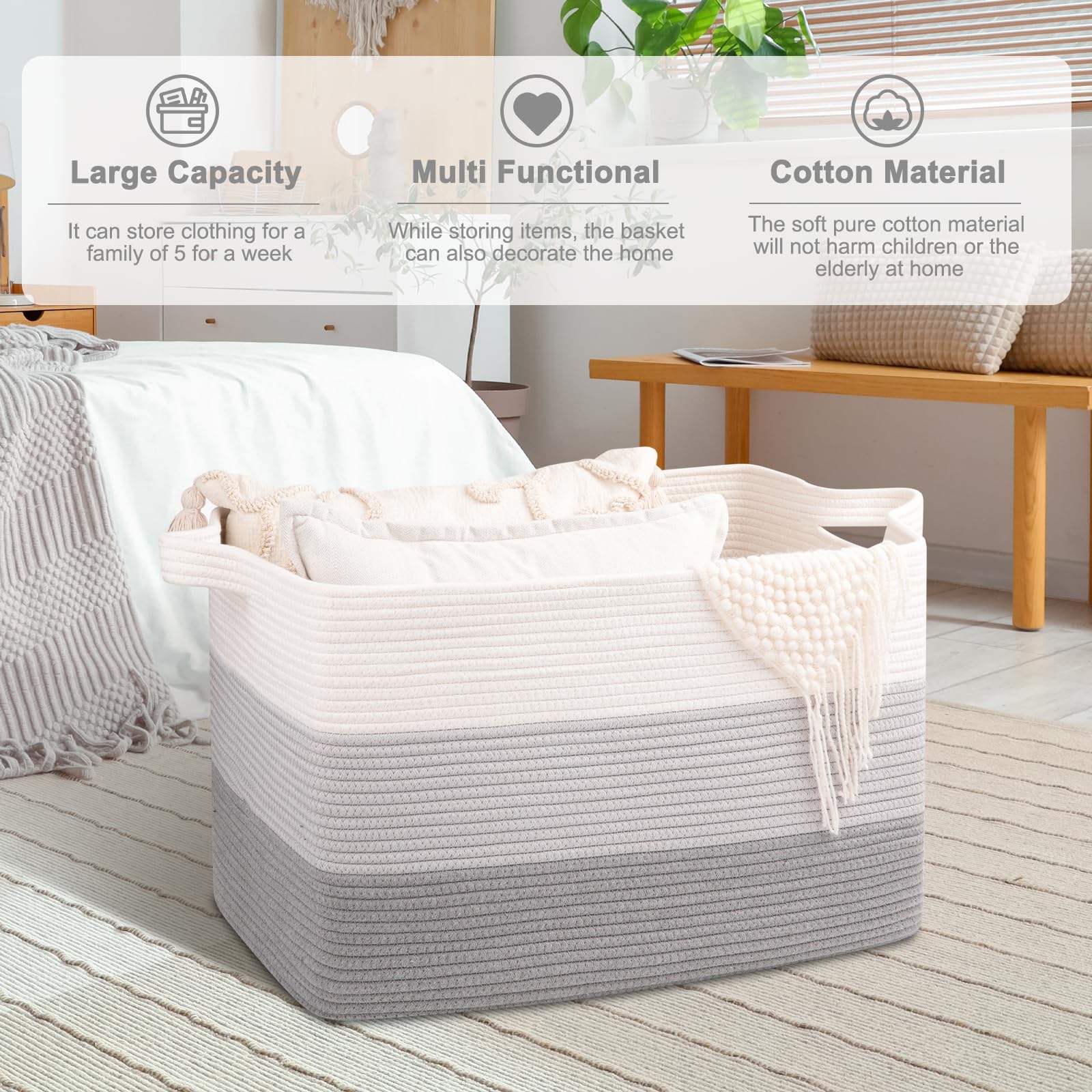 Oiahomy Extra Large Blanket Basket, 90L Cotton Rope Woven Laundry Basket, Toy Basket For Baby Room, Basket For Blanket Storage I