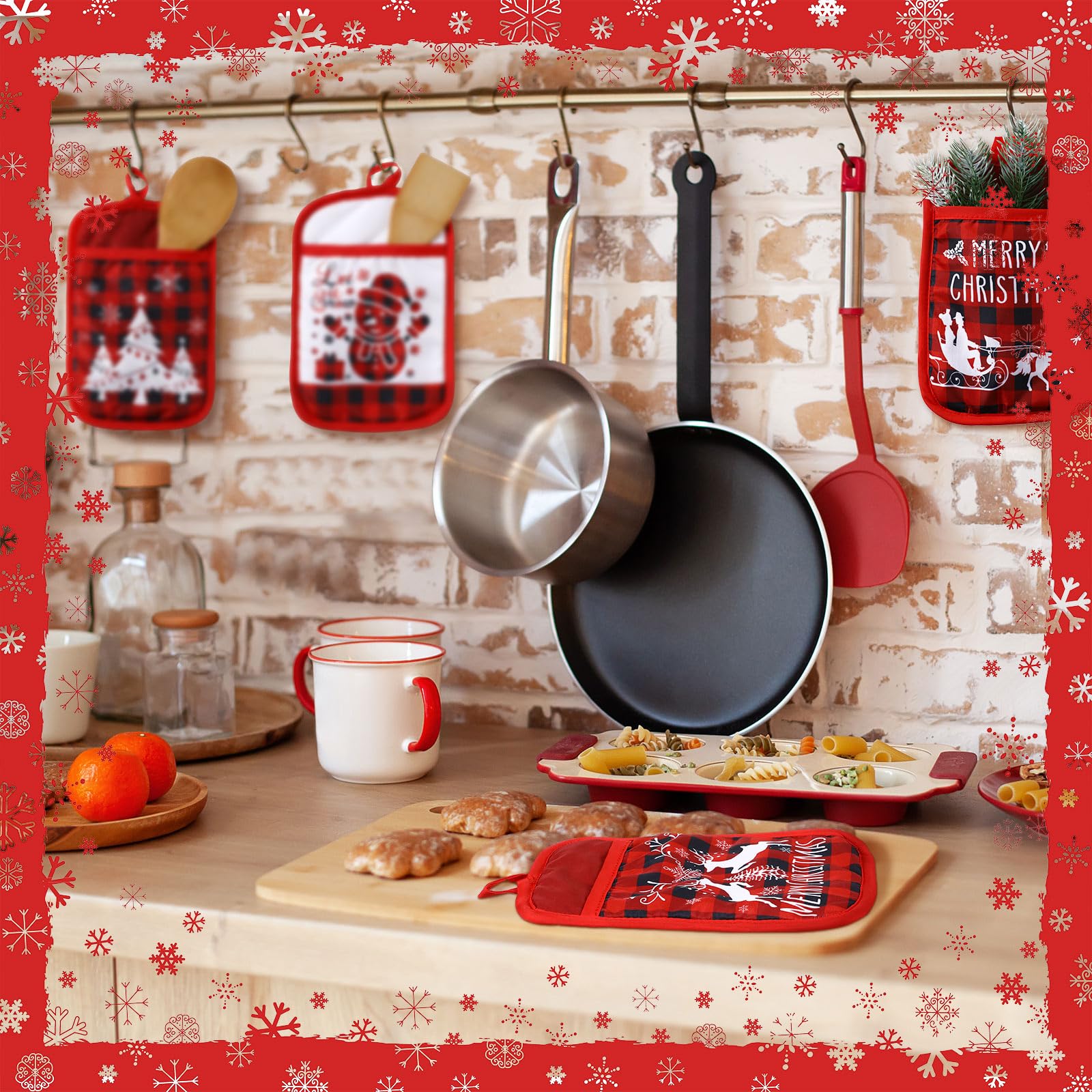 Jingmore 12 Pcs Christmas Pot Holders with Pocket Xmas Buffalo Plaid Pot Holders for Kitchen Winter Hot Pads Oven Mitt Cookie Ba