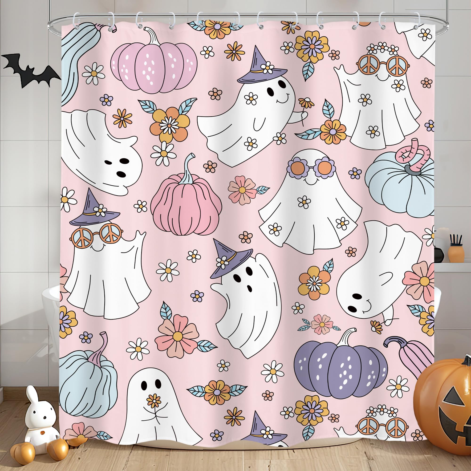 LIGHTINHOME Pink Halloween Shower Curtain 60Wx72H Inches 70s Retro Funny Ghost Y2K Cute Autumn Pumpkin Purple Flower Hippie Groo