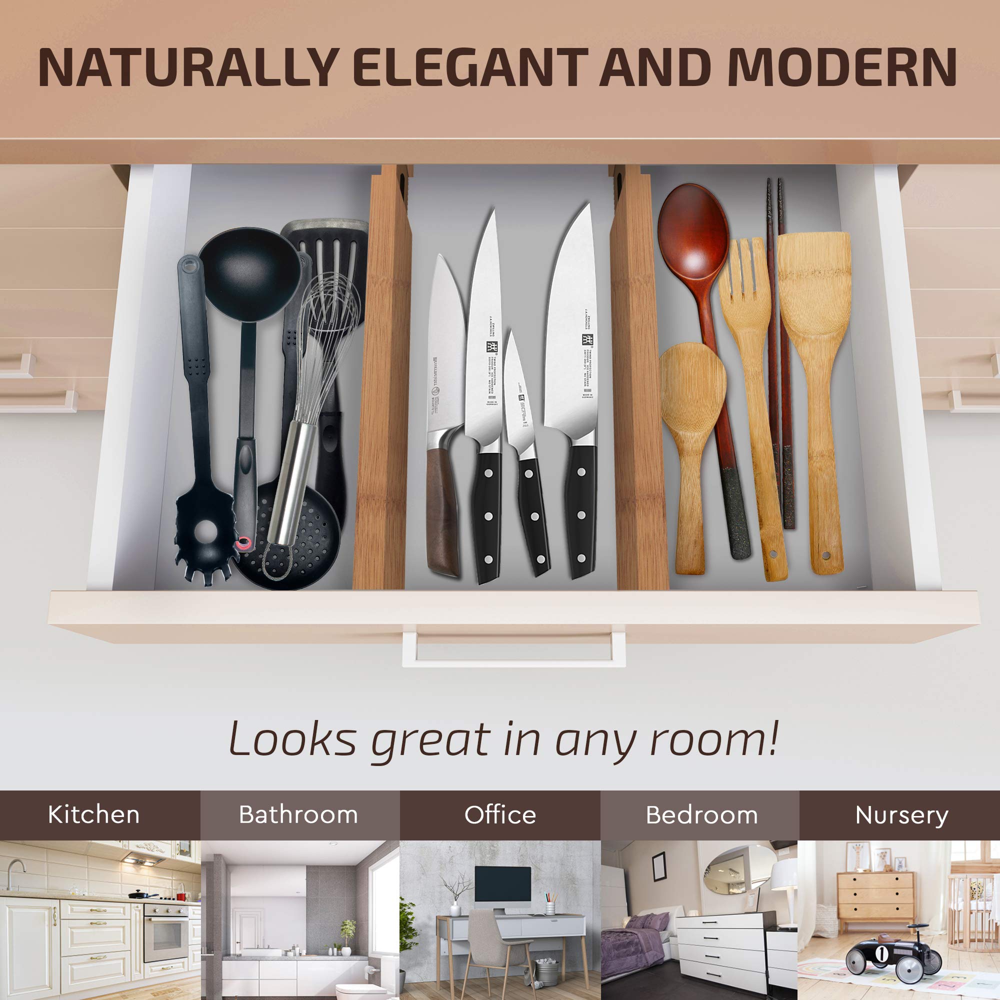 Large Kitchen Drawer Organizer - Expandable Bamboo Drawer Dividers (17.5'' - 22'') - Adjustable Separators for Kitchen, Clothes,