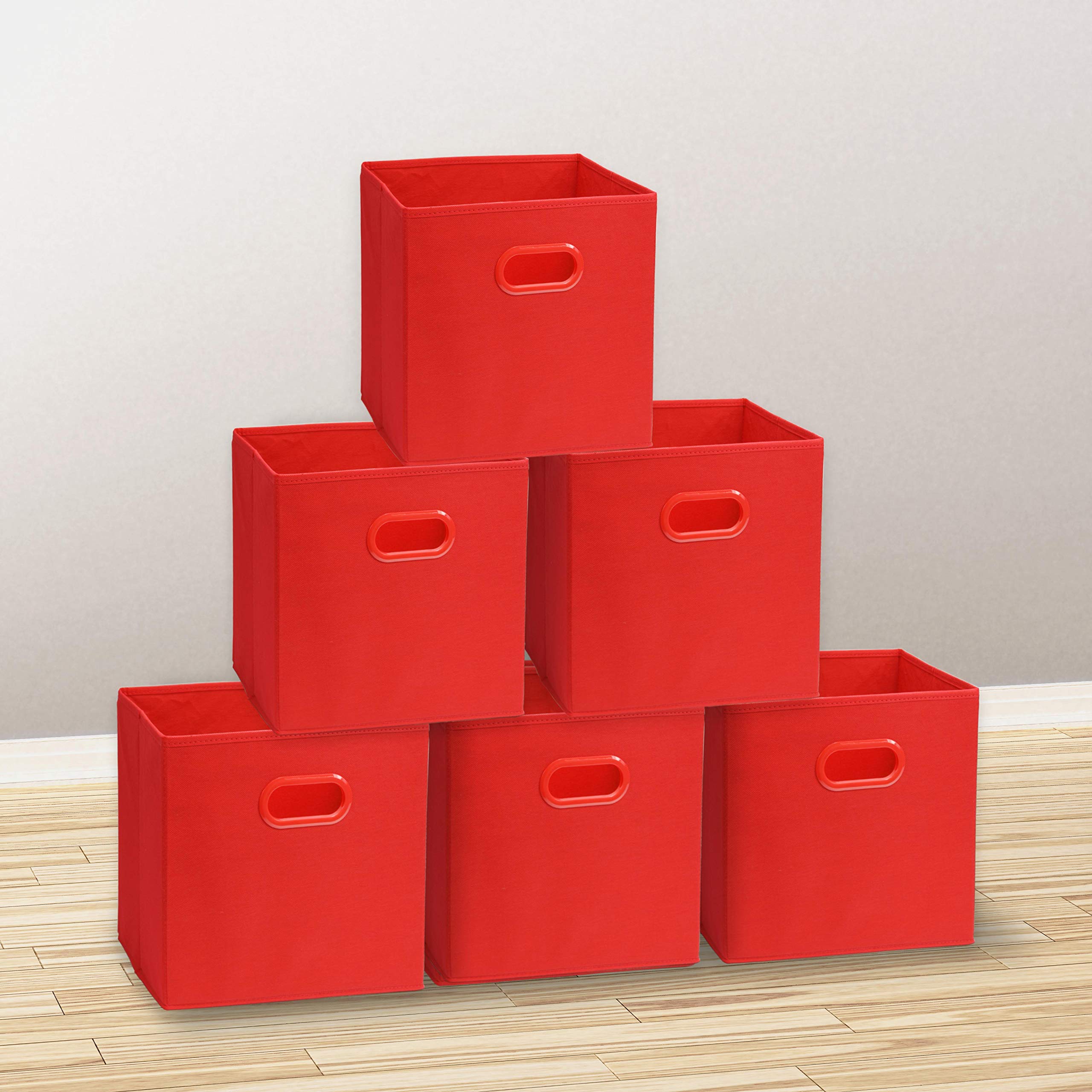 Simple Houseware Foldable Cube Storage Bin With Handle, Red - 6 Pack