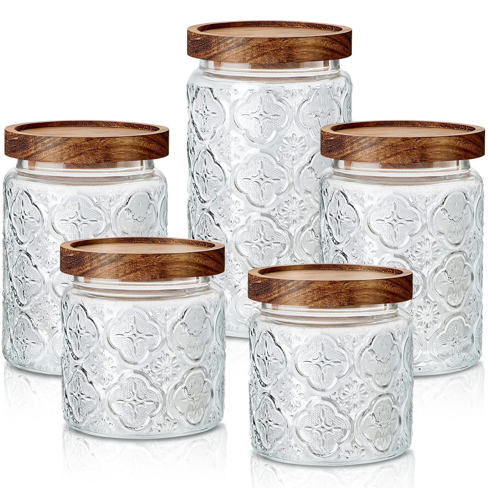 Gerrii 5 Pcs Glass Jar with Wood Lid Food Storage,Clear,Begonia Round