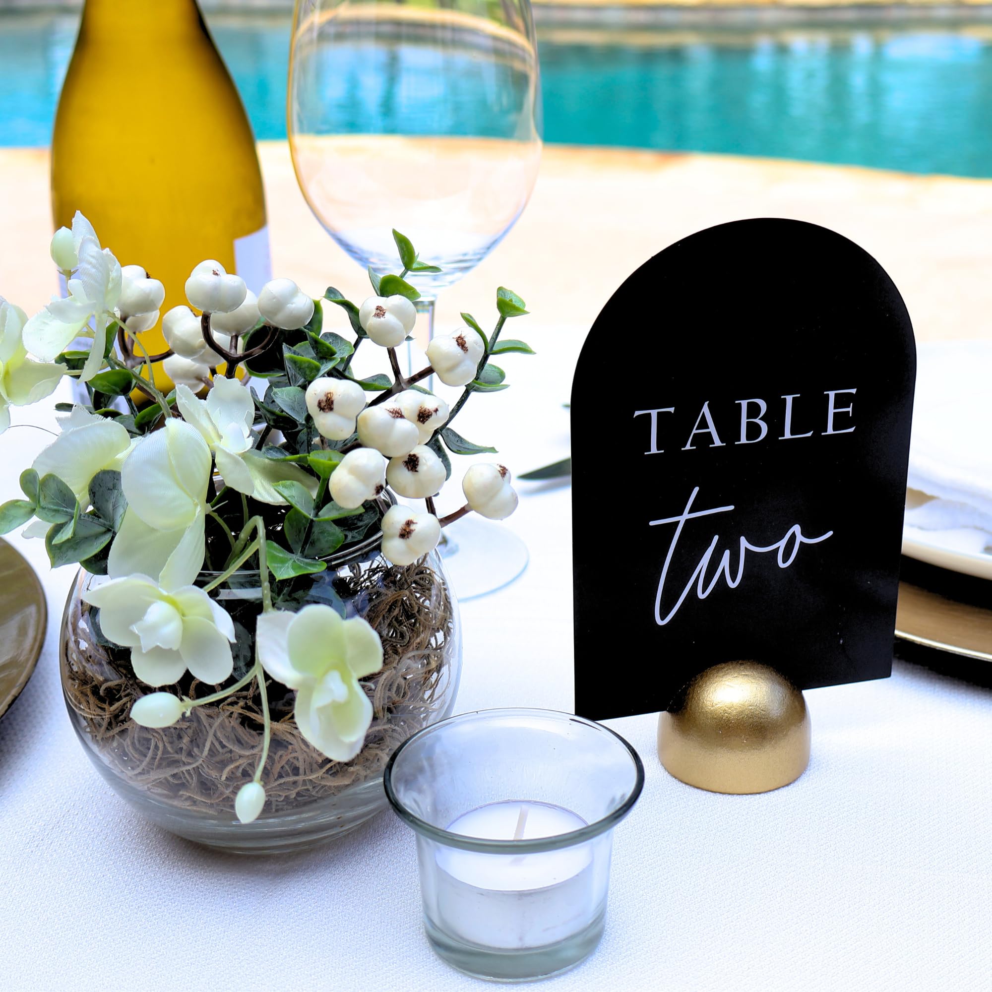 Hanna Roberts Modern Cursive Table Number Black Card Stock Half Circle Signs With Round Stand For Wedding Reception, Restaurant,
