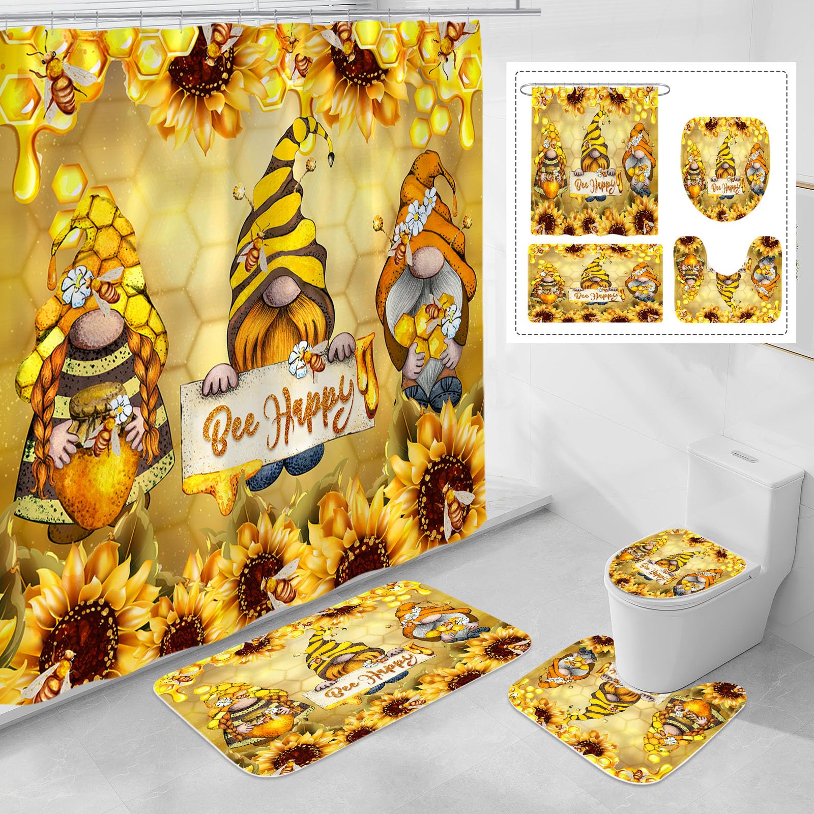 Litabel 4 Pcs Autumn Gnomes Shower Curtain Set With Non-Slip Rugs, Toilet Lid Cover And Bath Mat, Farmhouse Country Bathroom Dec