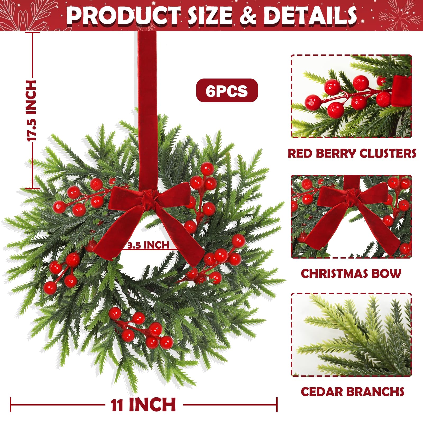 6 Pcs Mini Christmas Wreath for Cabinets Kitchen, 11 Inch Hanging Small Christmas Wreaths with Red Bows Cedar Branchs Red Berry