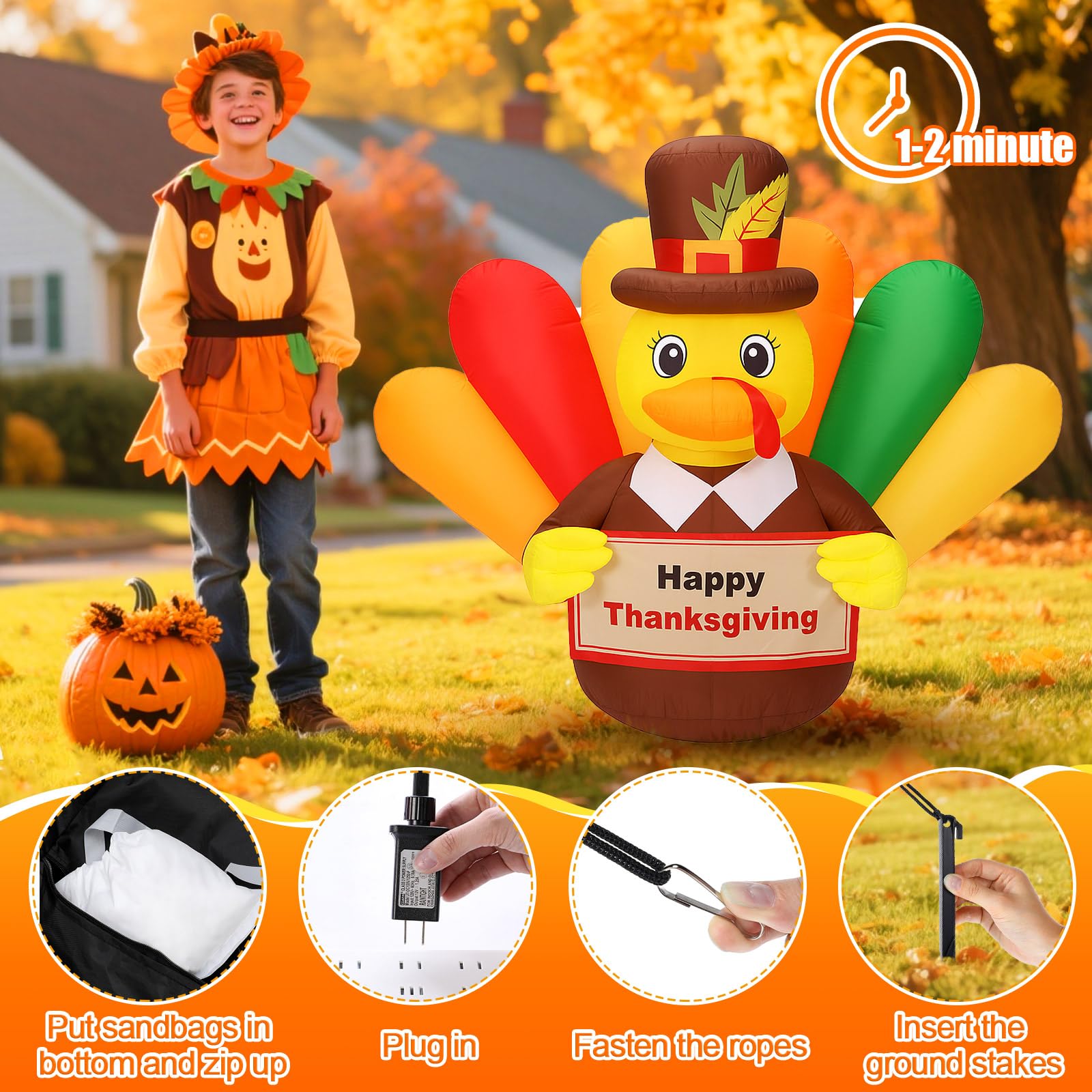 Sosation 6.5 FT Thanksgiving Inflatables Duck Turkey Inflatable Decoration Blow Up Turkey Outdoor with LED Lights Decorations fo