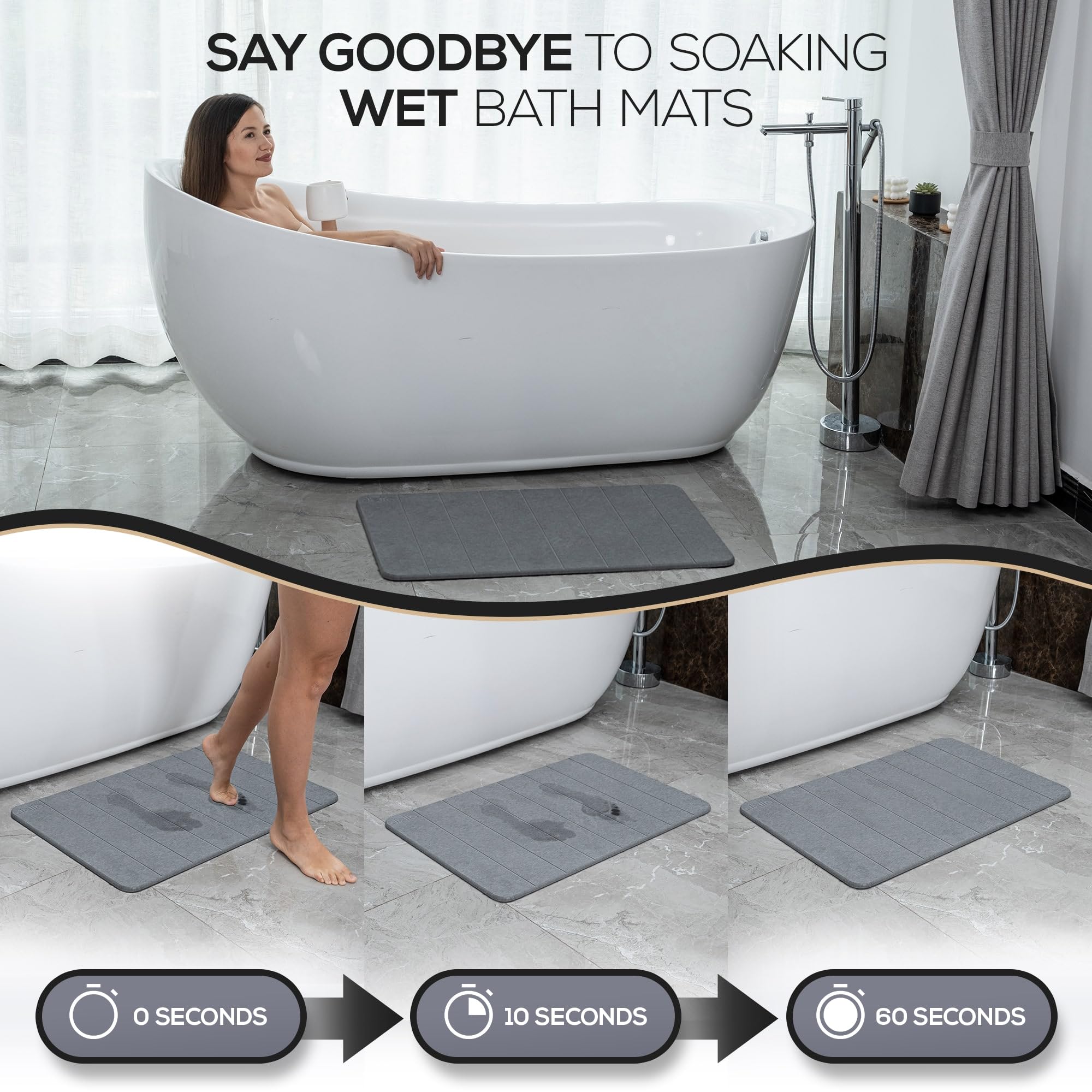 Della Extra-Large Stone Bath Mat - Super Absorbent Diatomaceous Earth Shower Mat - Quick Drying Bathstone For Bathroom Floor - W