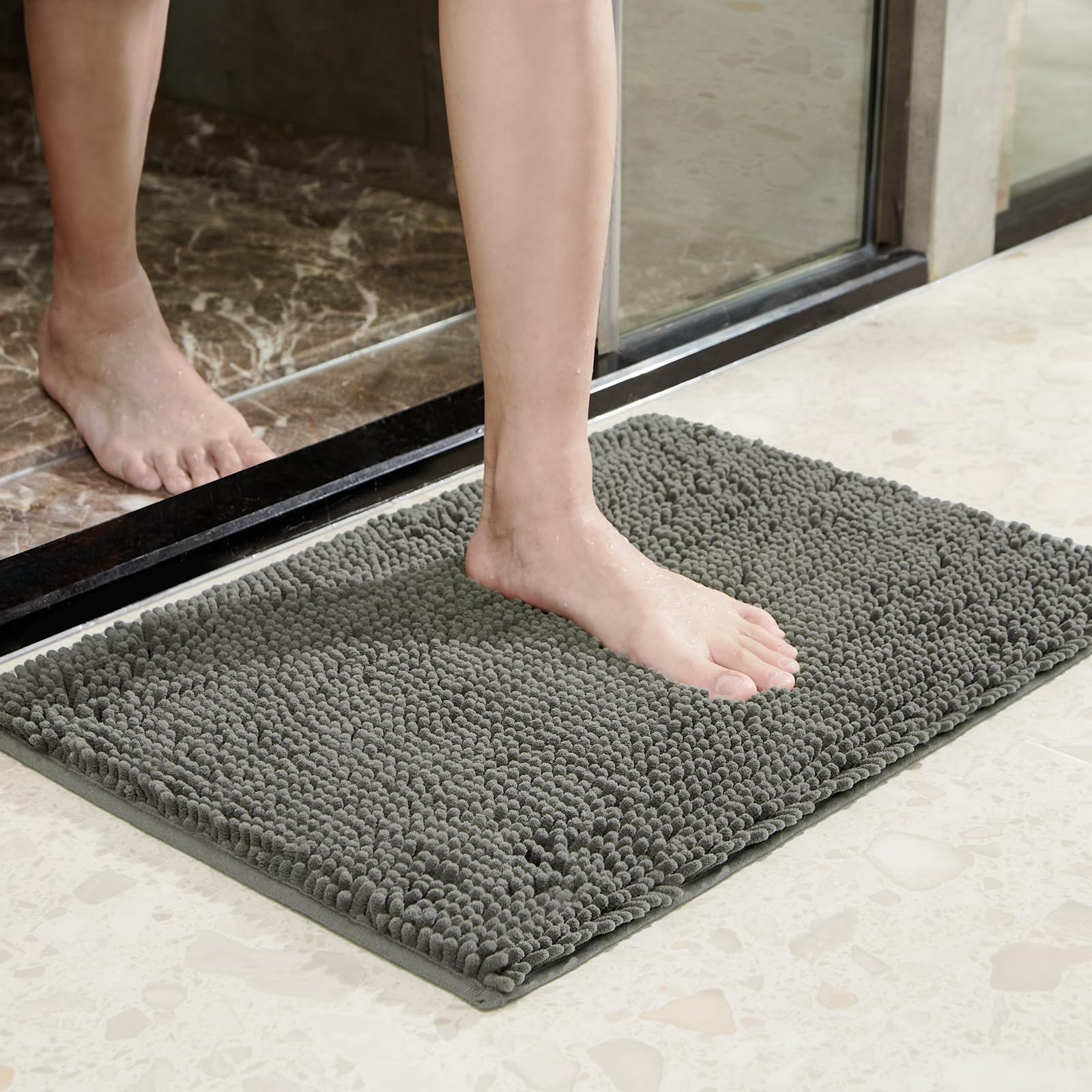 Techmilly Soft Fluffy Chenille Bathroom Rugs, Non Slip Absorbent Bath Mats For Bathroom, Washable And Quick Dry, Grey, 17'' X 24