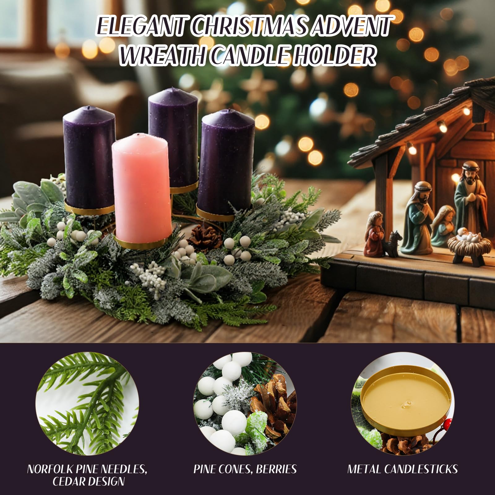 Reallnaive Large Christmas Advent Wreath Candle Holder with Norfolk Pine, Cedar, Mistletoe 19 Inch Rustic Advent Calendar Ring D