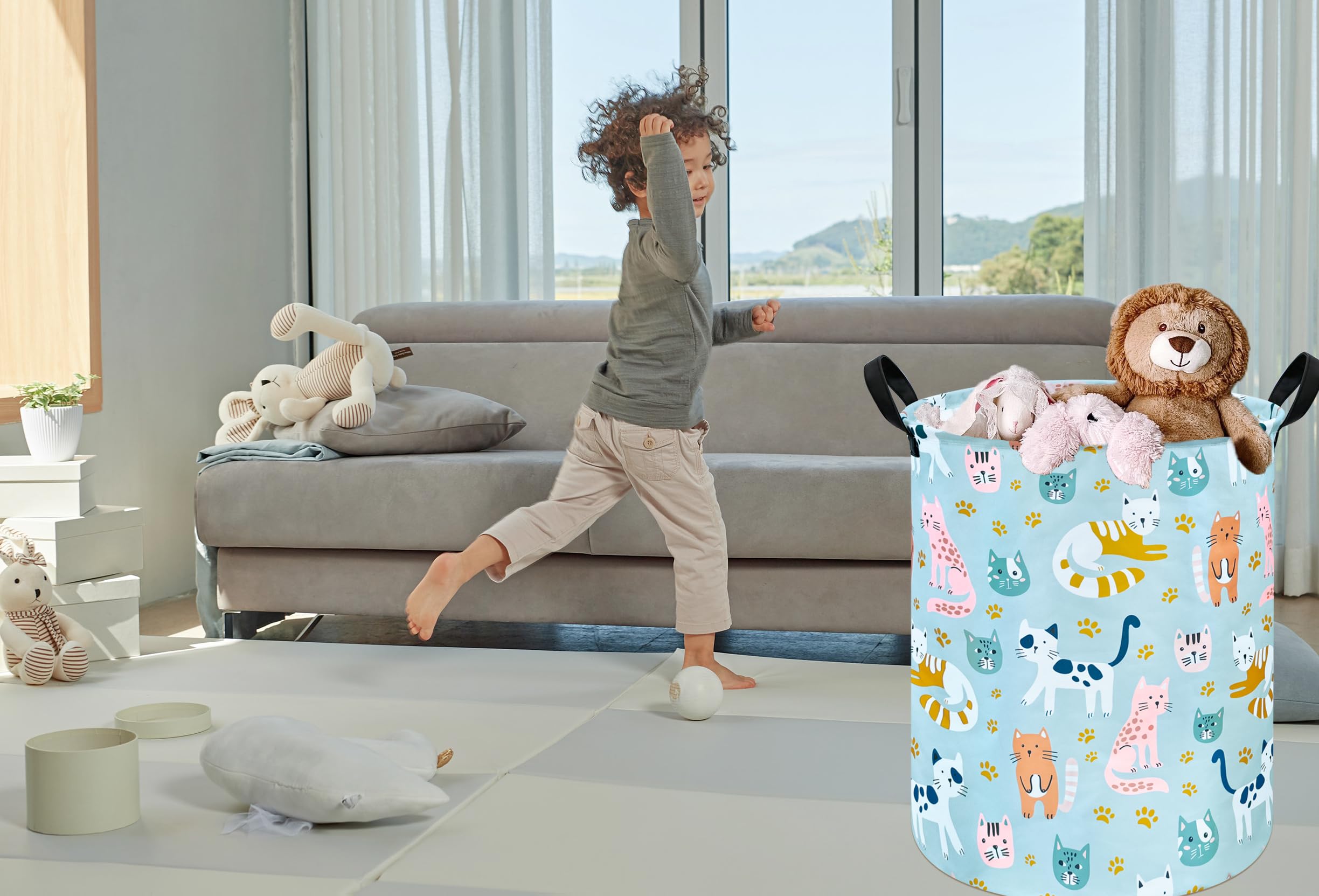 Vaivusto Large Kids Laundry Basket Canvas Cat Storage Bins Baby Nursery Hamper Waterproof Clothes Organizer Boys And Girls Toy B
