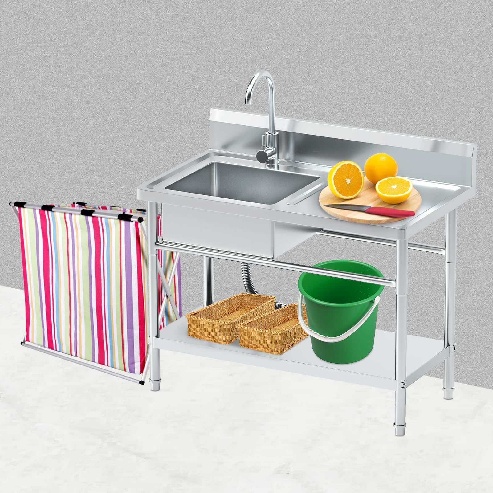 Purezmmoto Utility Sink Freestanding Single Bowl Laundry Sink With Hot And Cold Water Plumbing Workbench & Storage Stainless Ste