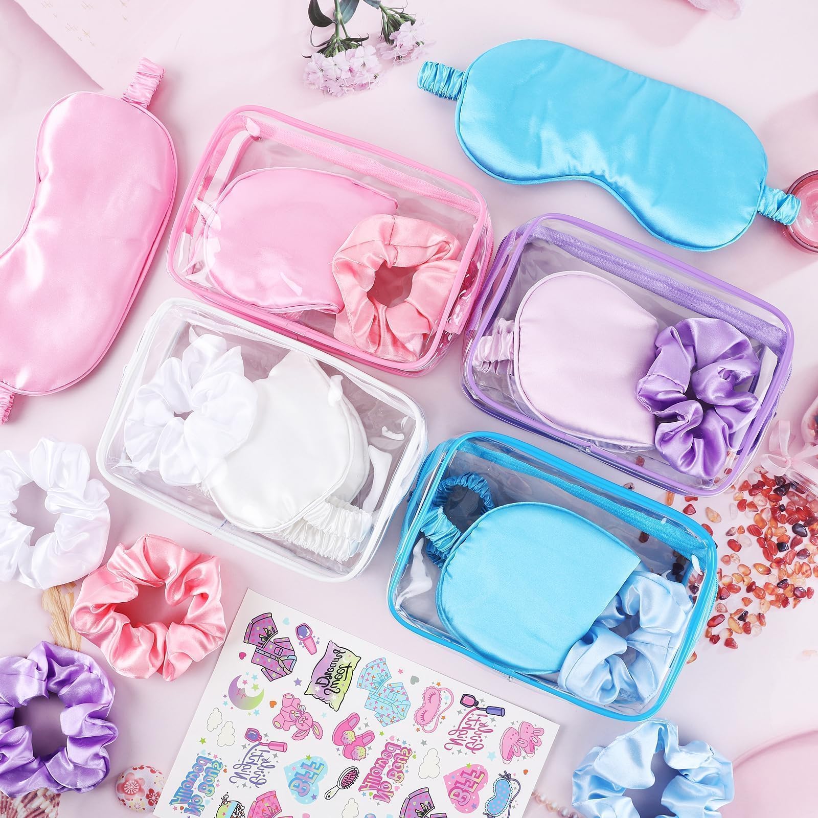 YLOLUL 16 Pcs Spa Sleepover Party Supplies for Girls Makeup Party Favor with Hair Scrunchies Clear Cosmetic Bags Eye Masks Sleep