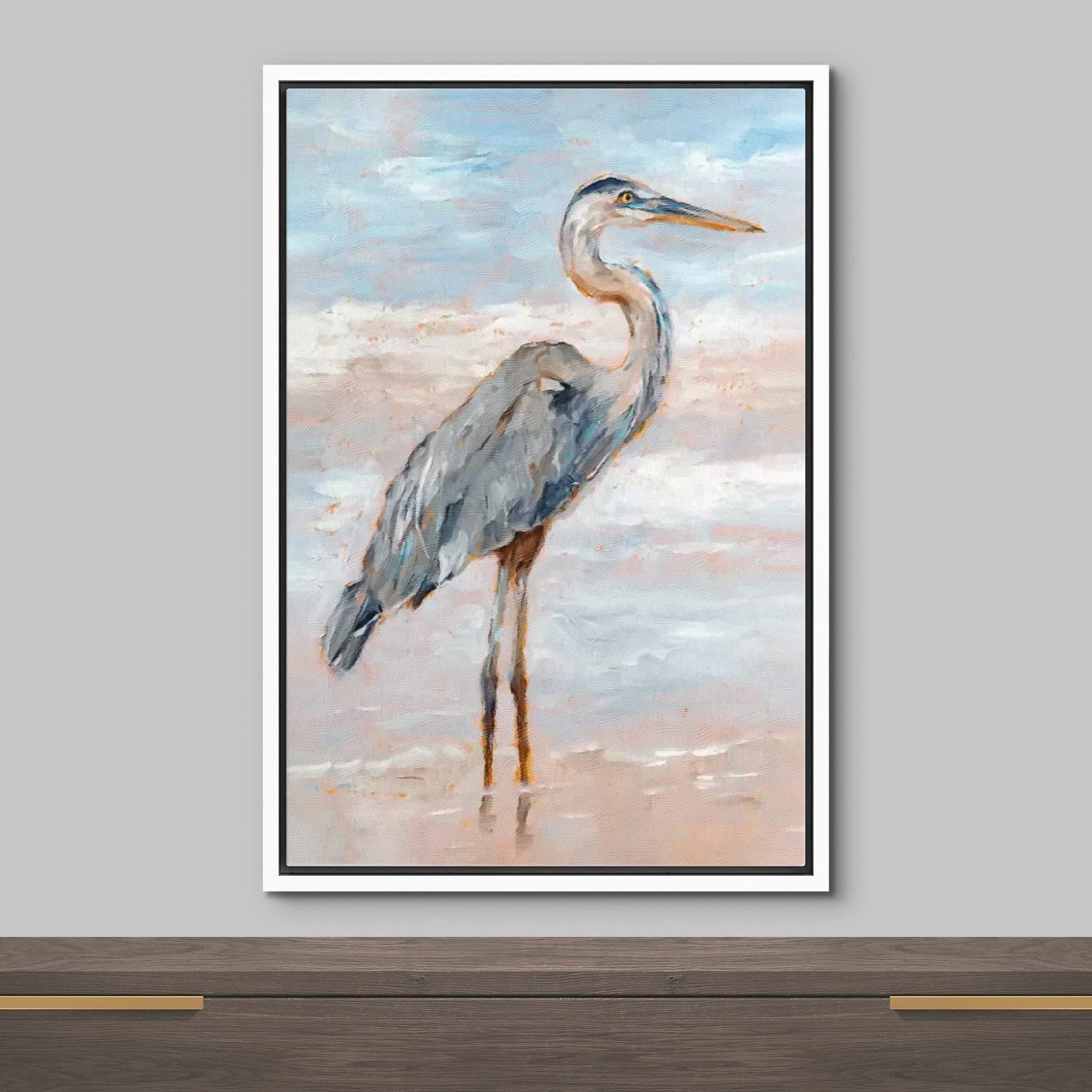 Wall26 Framed Canvas Print Wall Art Pastel Sky Beach Shore Wave Crane Bird Nature Wilderness Illustrations Modern Art Decorative