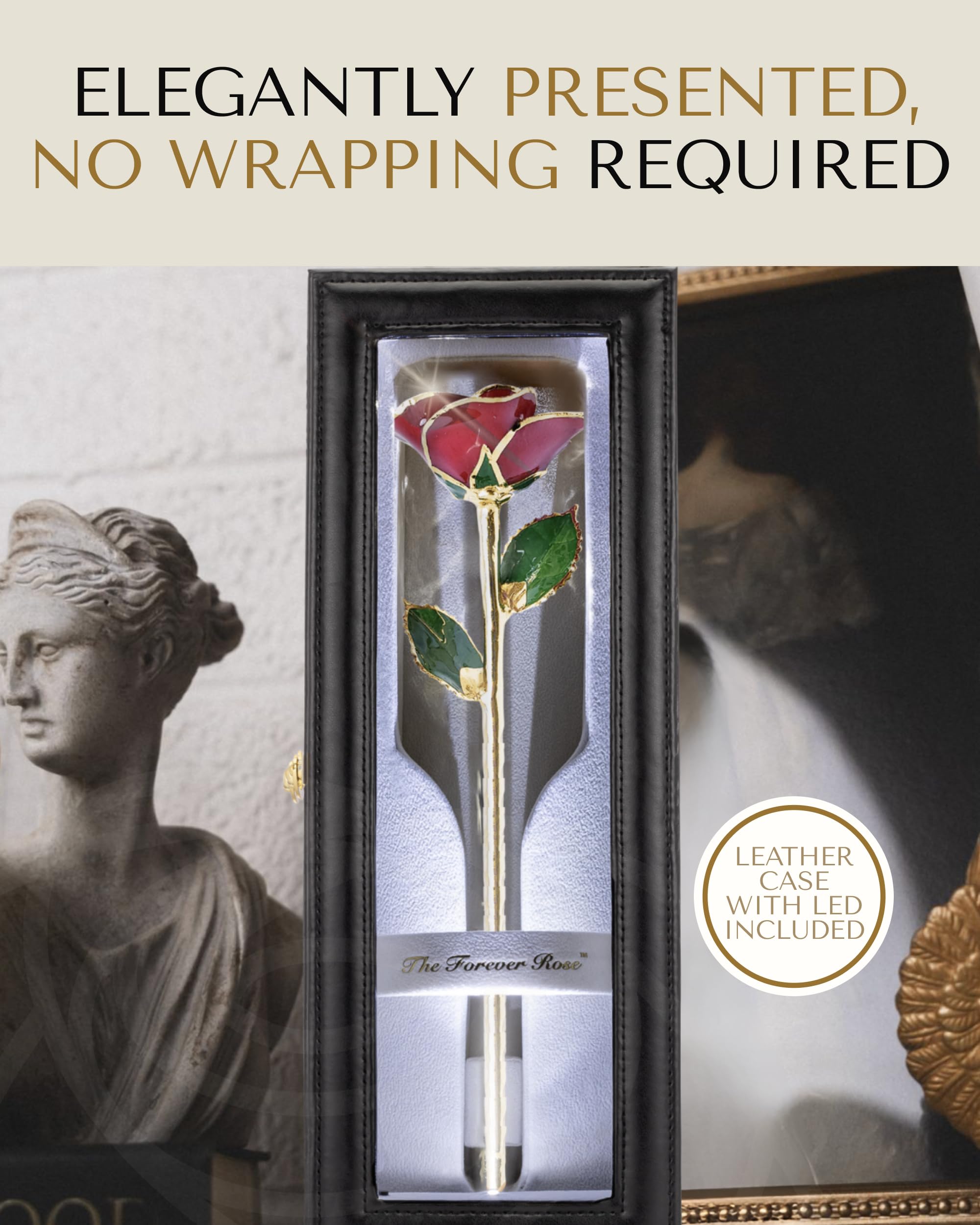 Forever Rose Leather Case Bundle, Genuine, One Of A Kind, Real Gold Trimmed Bloomed Red Rose With Beautiful Leather Case With Le