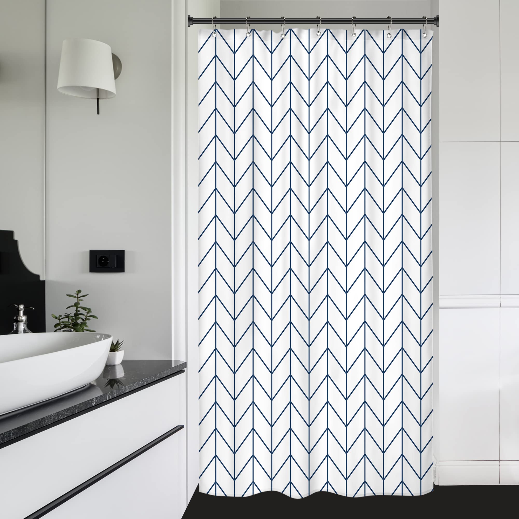 Riyidecor Navy Blue White Stall Small Width Shower Curtain Liner Stripes Half Size 36X72 Inch Single Narrow Tiny Geometric Chevr