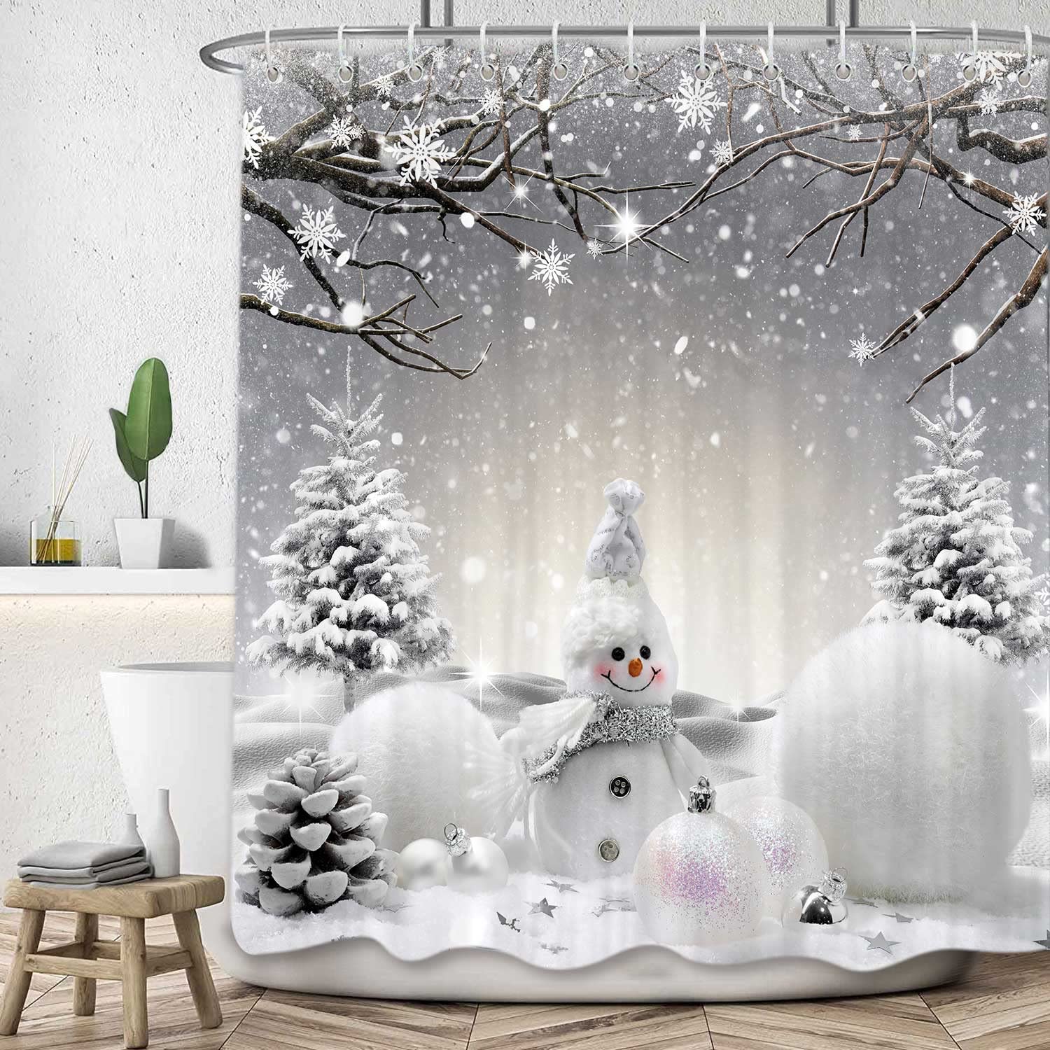 Veigike Christmas Snowman Shower Curtain, Grey Winter Snowflake Holiday Xmas Fabric Shower Curtains Set For Bathroom, Cute Gray