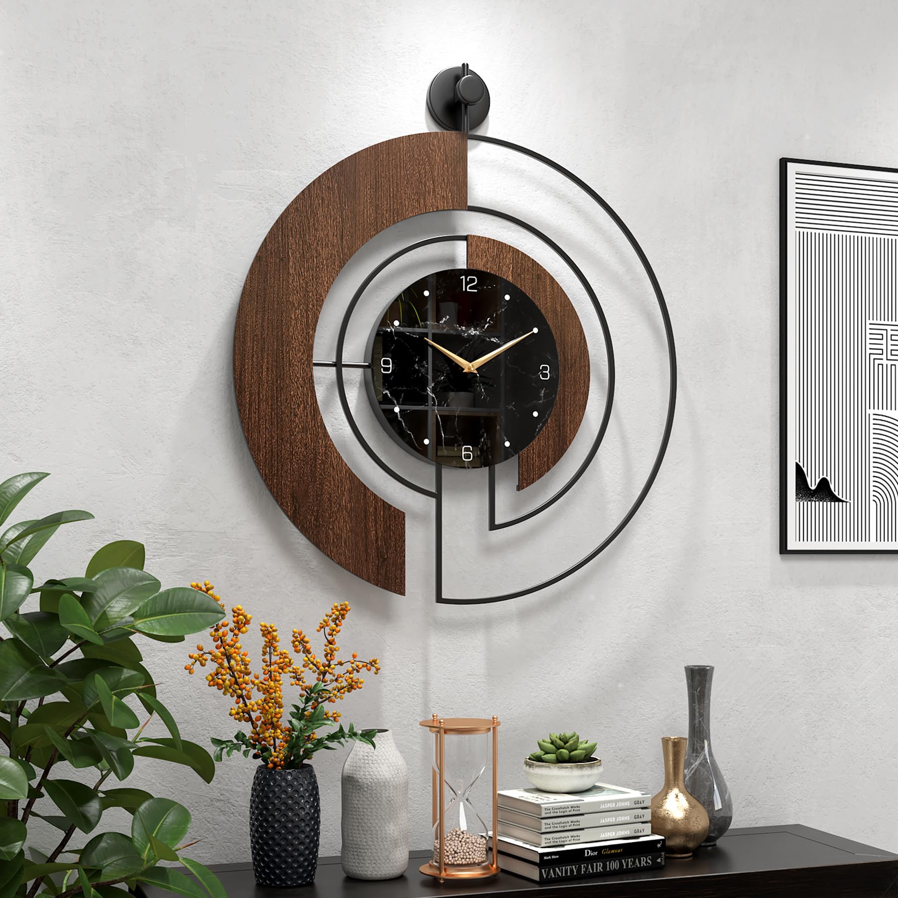 Viviflyse Modern Wood Walnut Marble Dial Wall Clock,60Cm
