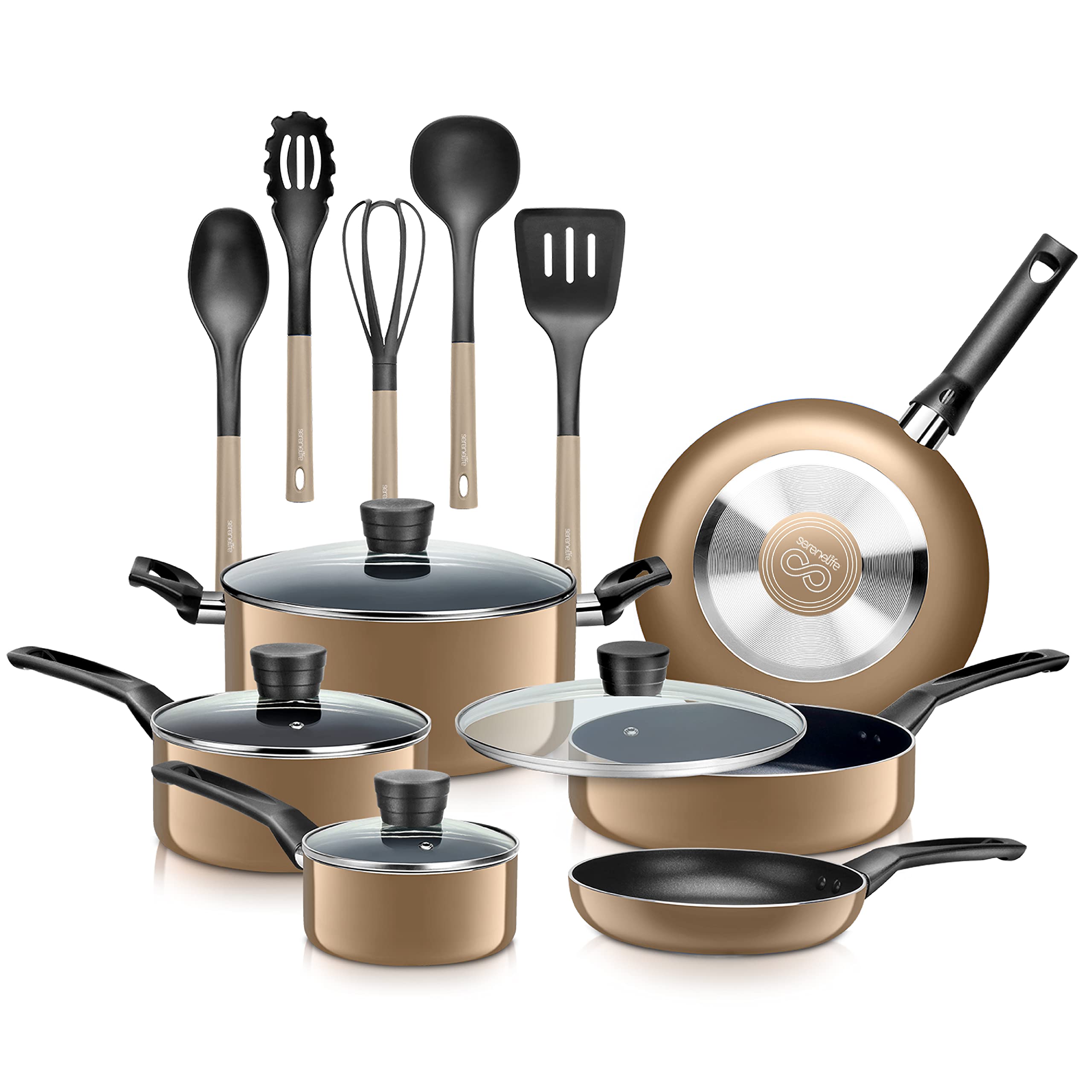 SereneLife Kitchenware Pots & Pans Basic Kitchen Cookware, Black NonStick Coating Inside, Heat Resistant Lacquer (15Piece Set)