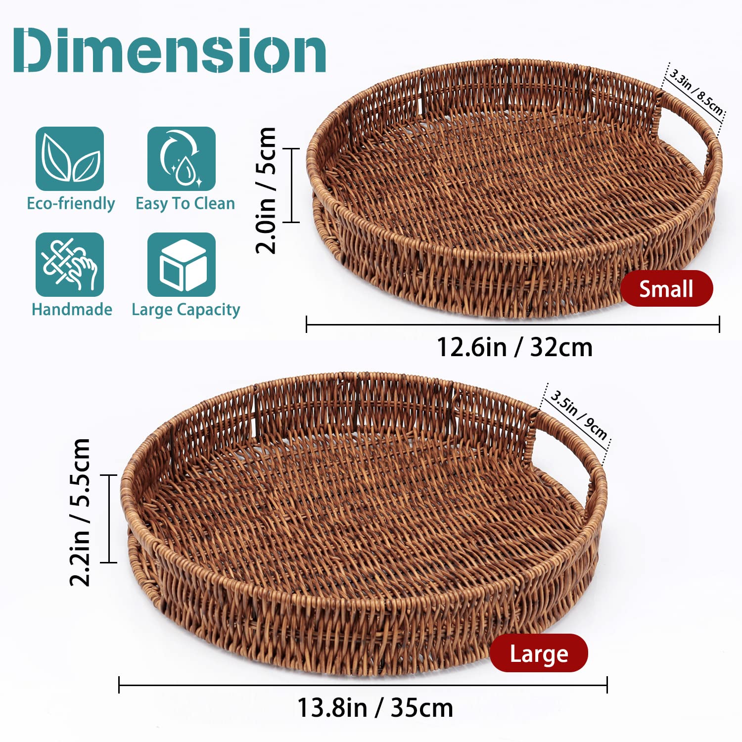 Sedison Set Of 2 Rattan Tray Round Rattan Basket With Handles For Home, Kitchen, Bathroom, Coffee Table Tray (12.6In + 13.8In)