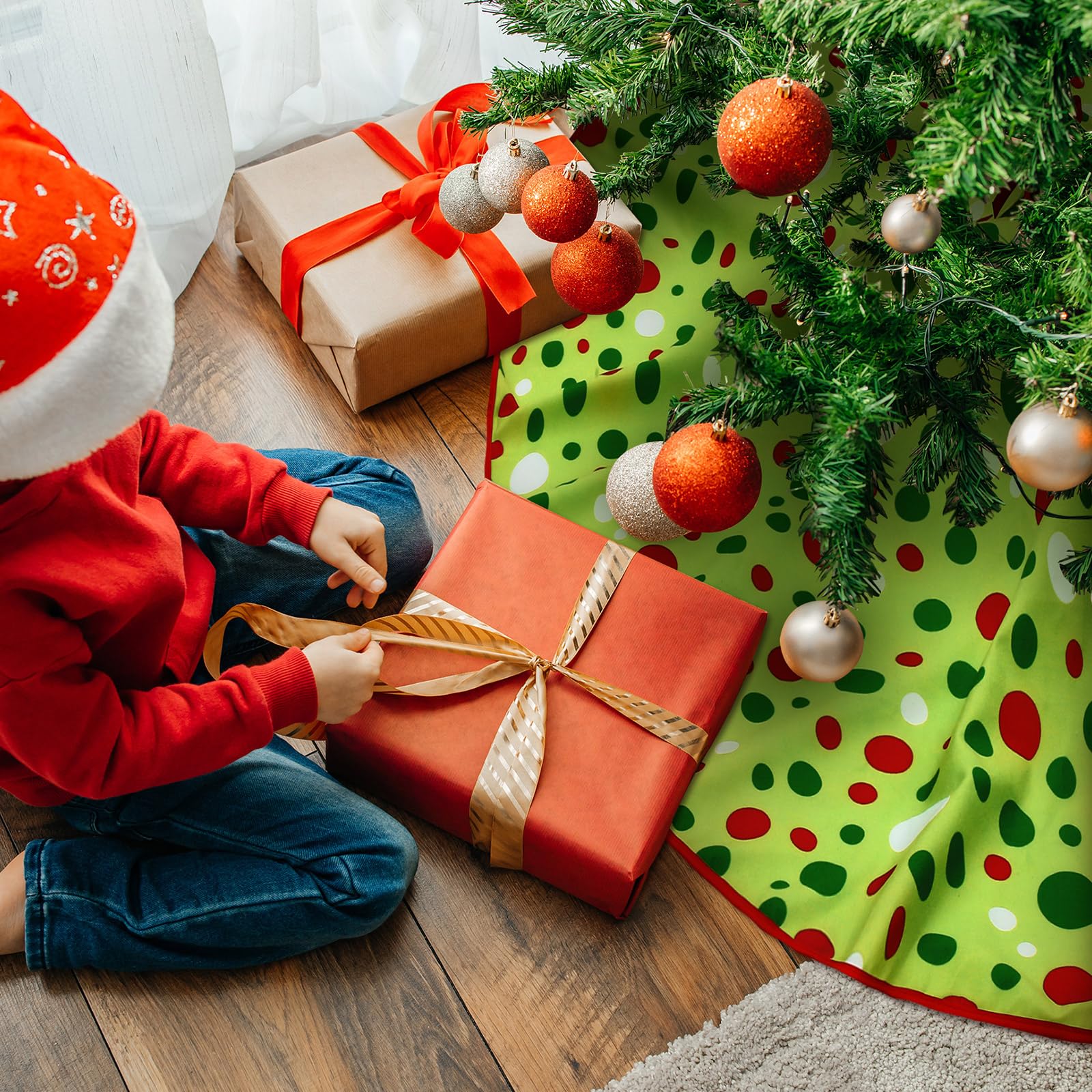 36 Inches Christmas Tree Skirt Green Mat Red and Green Polka Dot Christmas Tree Skirt for Holiday Party Xmas Decoration