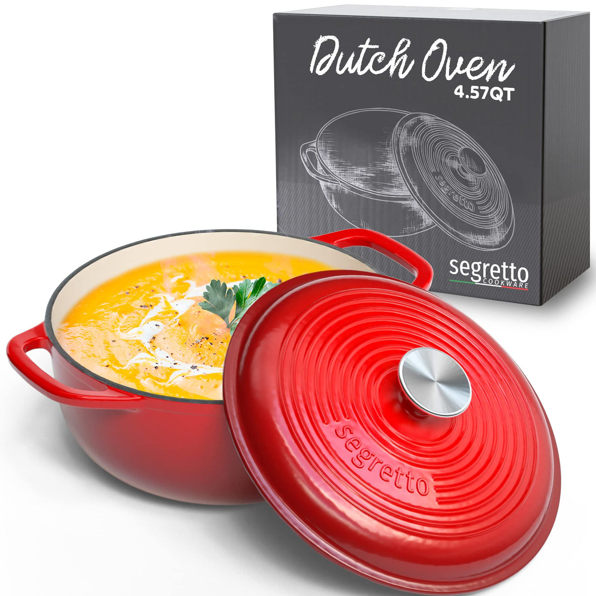 Segretto Cookware Enameled Cast Iron Dutch Oven With Handle, 4.57 Quarts, Rosso (Red) 4.57 Qt Oven Safe Dutch Oven Pot With Lid