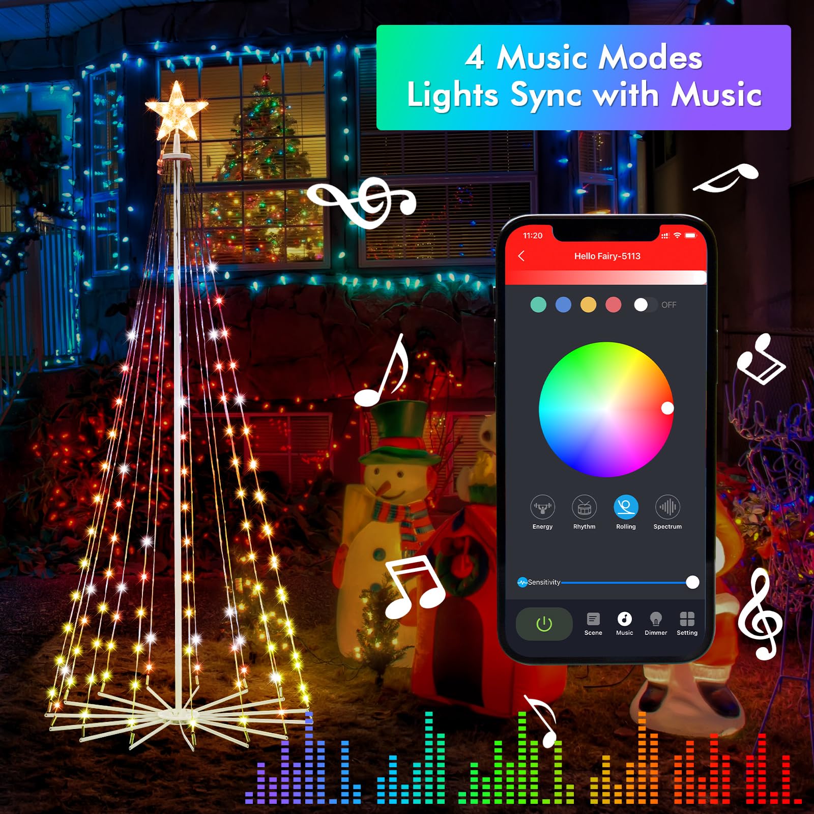 HOLILLUMA 6FT Outdoor Christmas Tree, RGB Color Changing Pre-lit Smart Cone Christmas Tree with LED Lights, App&Remote Control,