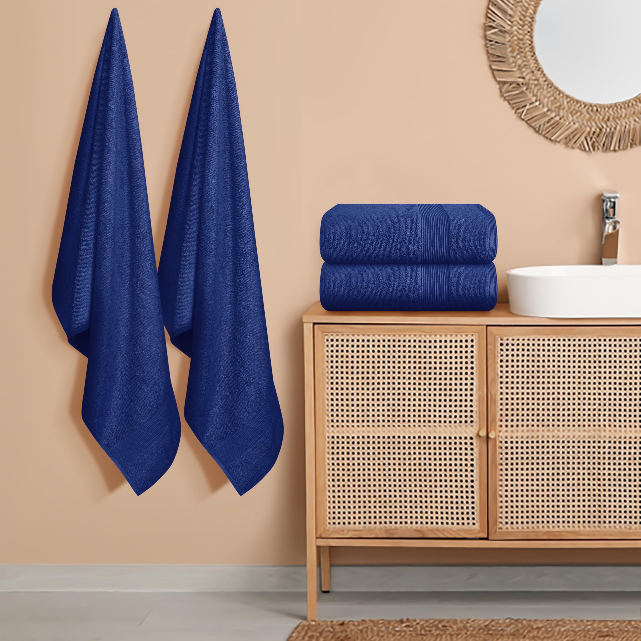 Belizzi Home 4 Pack Bath Towel Set 27x54  100% Ring Spun Cotton  Ultra Soft Highly Absorbent Machine Washable Hotel Spa Quality Bath Towels for Bathroom  4 Bath Towels - Navy Blue