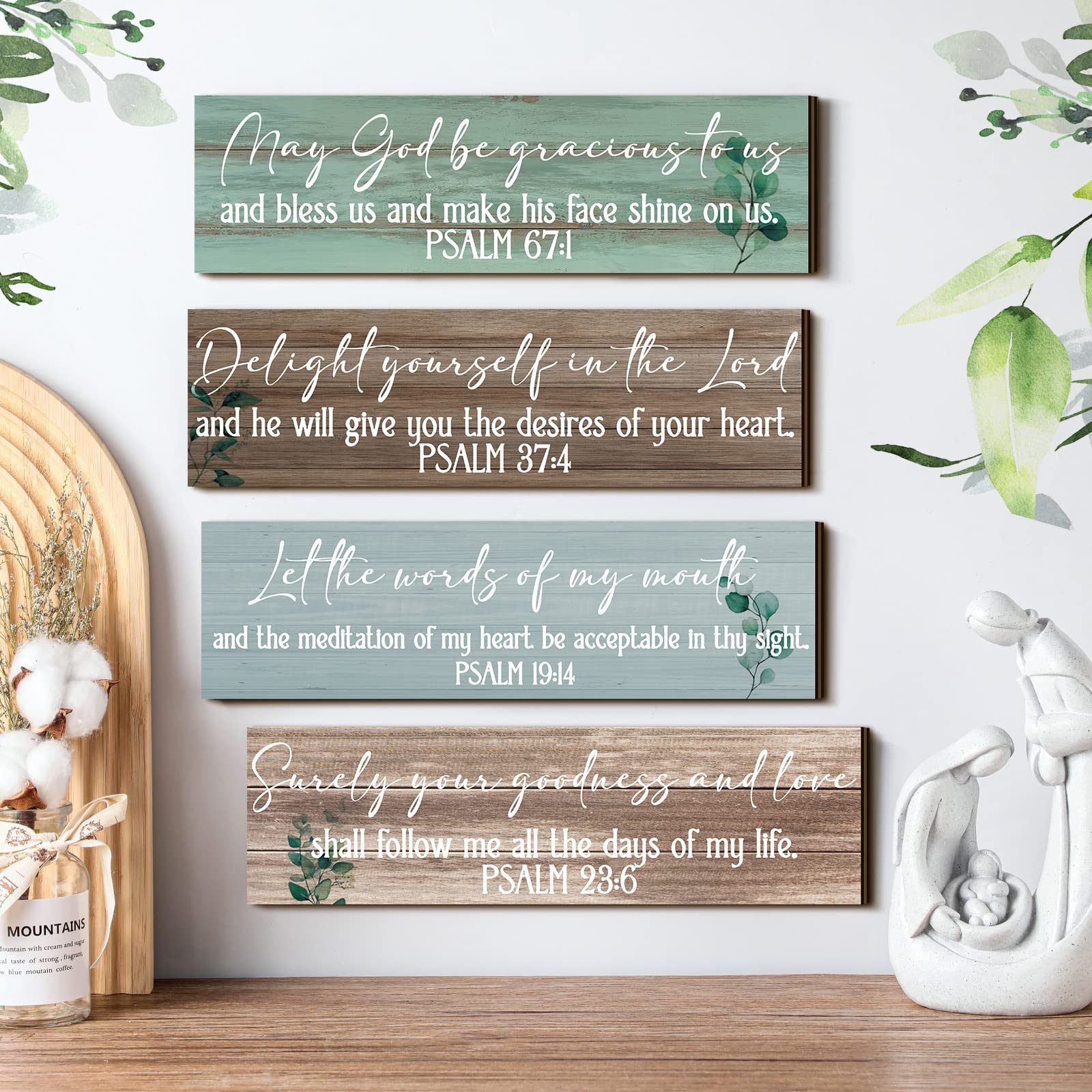 Yulejo 4 Pieces Bible Verses Wall Decor Psalms Scripture Wooden Christian Sign Rustic Wall Art Prayer Decorations for Home (Deli