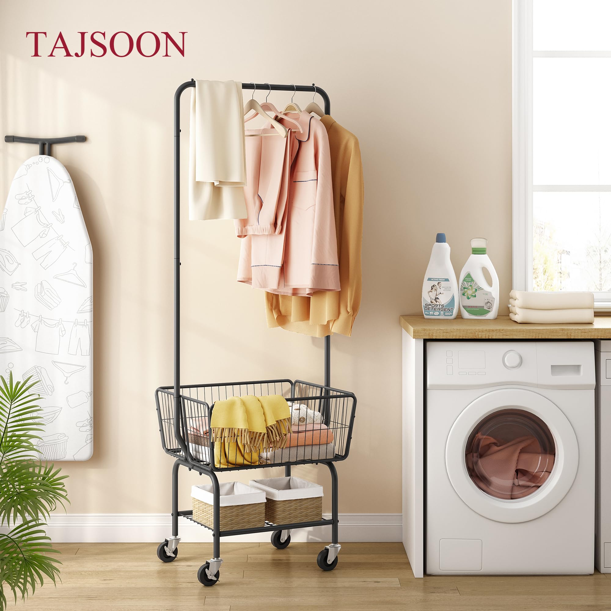 Tajsoon Laundry Cart With Hanging Rack, Metal Laundry Basket With Wheels, Laundry Hamper With Storage Basket And Shelf, Rolling