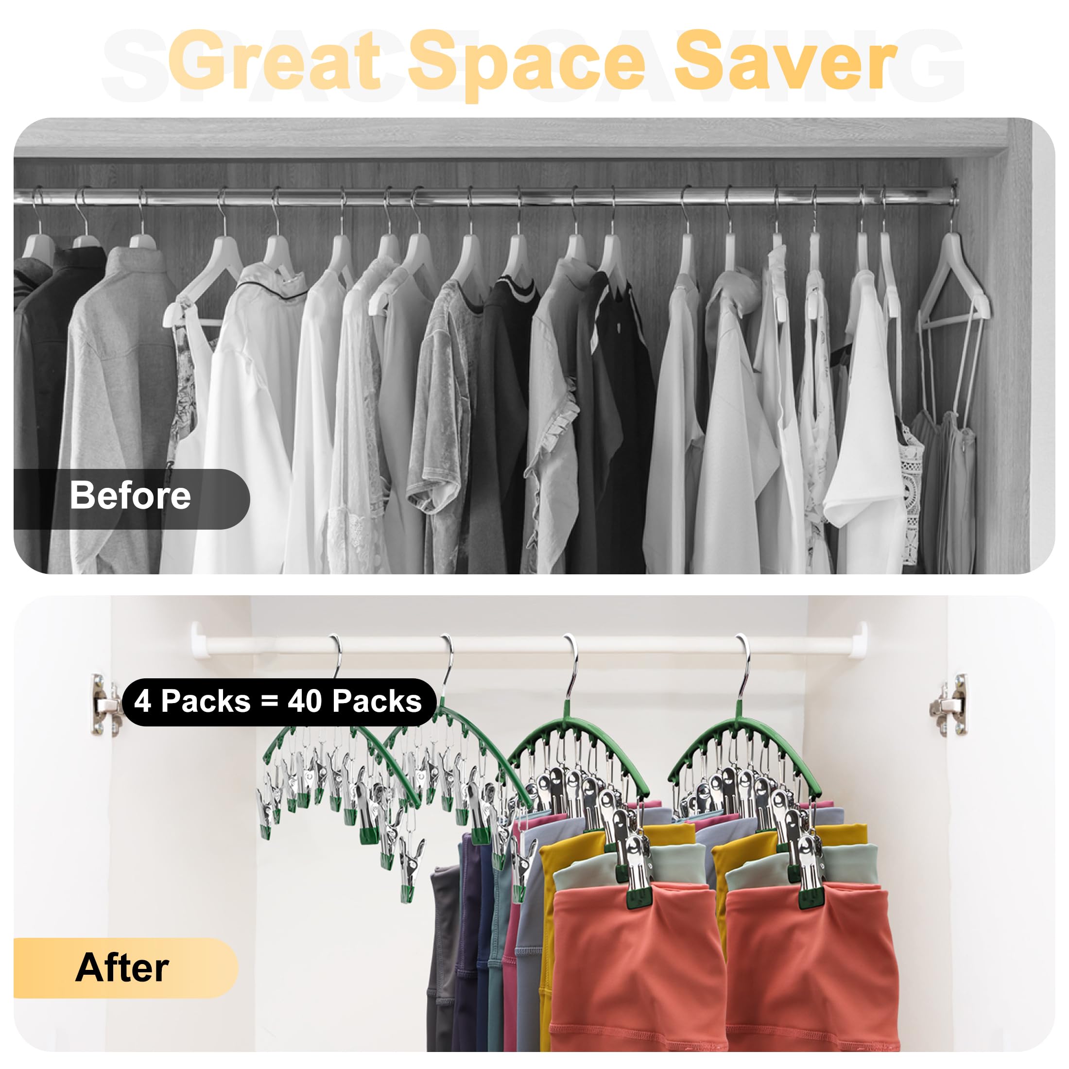 Legging Organizer For Closet, Metal Yoga Pants Hangers 4 Pack W/10 Clips Holds 40 Leggings, Space Saving Hanging Closet Organize