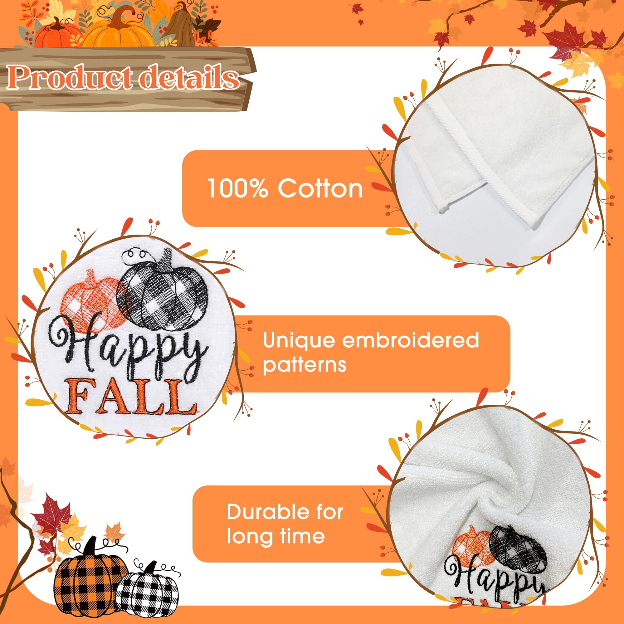Newlighture Fall Hand Towels Set Of 2 - 100% Cotton Embroidered Pumpkin Decorative Kitchen And Bathroom Dish Towels, Thanksgivin