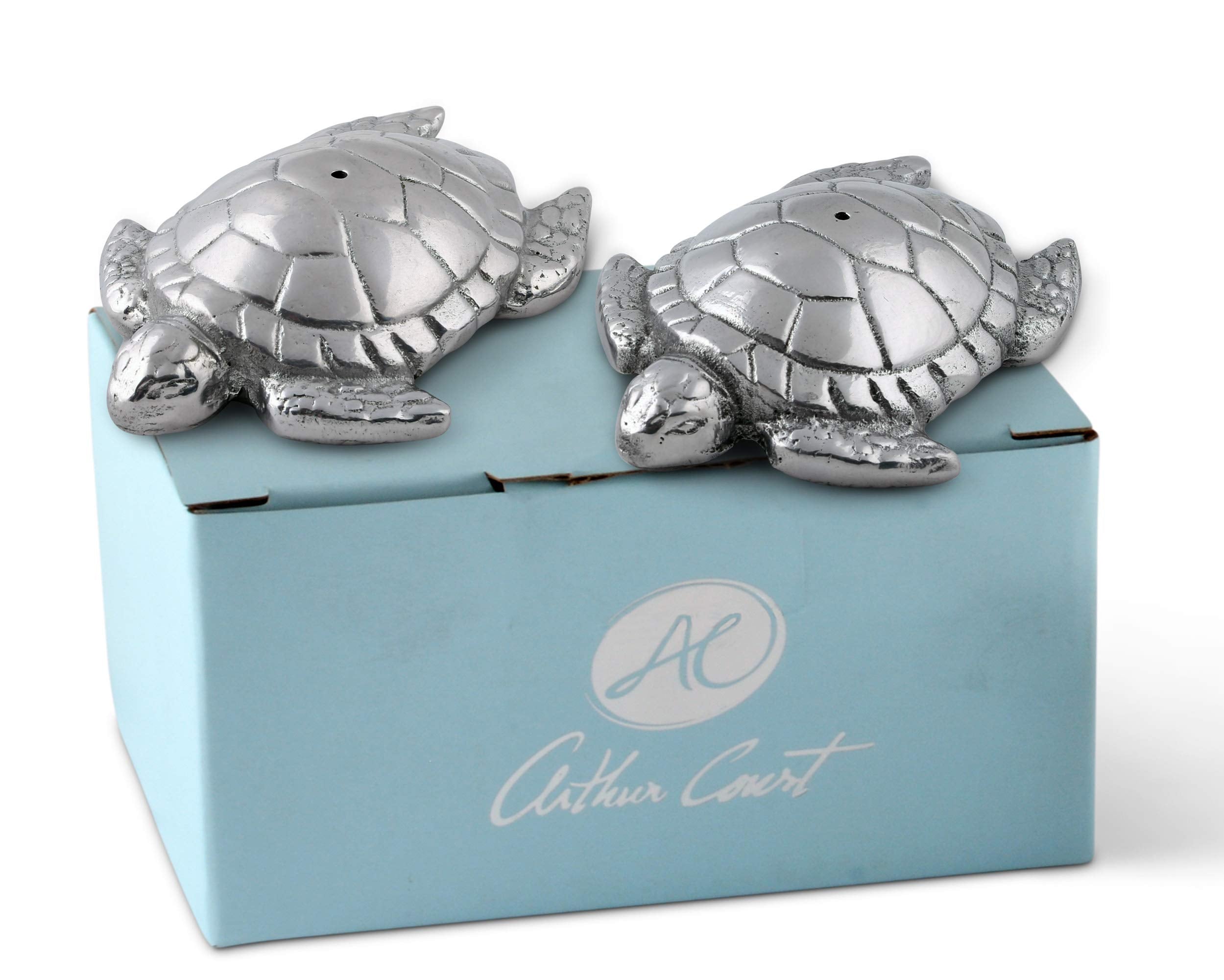 Arthur Court Designs Aluminum Sea Turtle Salt And Pepper Set S/P Shaker Pair Ocean 4 Inch Long